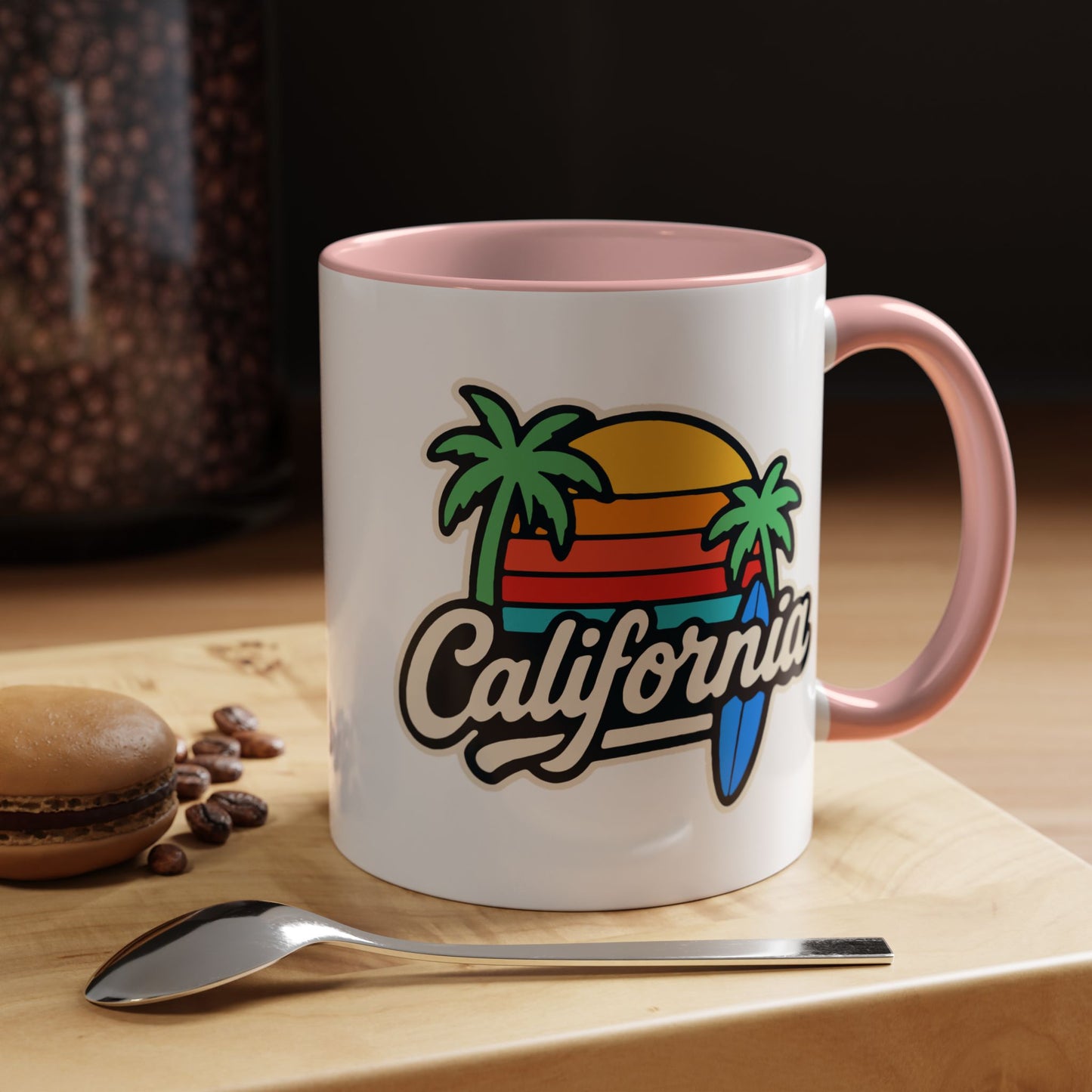 California Surf Vibes Accent Coffee Mug - Great for Beach Lovers, Gift for Surfers, Vacation Memento, Summer Collections, Retro Style