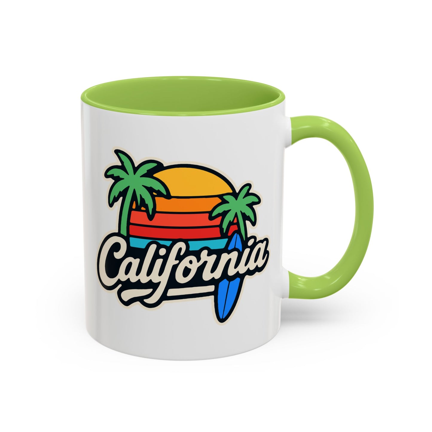 California Surf Vibes Accent Coffee Mug - Great for Beach Lovers, Gift for Surfers, Vacation Memento, Summer Collections, Retro Style