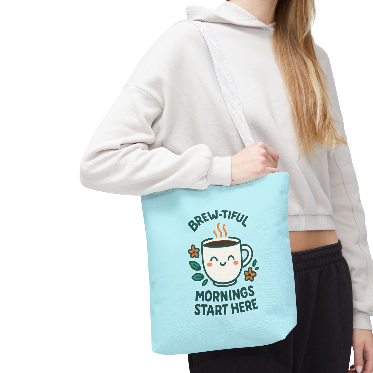 Brew-tiful Mornings Tote Bag, Cute Coffee Lover Gift, Reusable Grocery Bag, Spring Picnic Essentials, Motivational Quote Tote