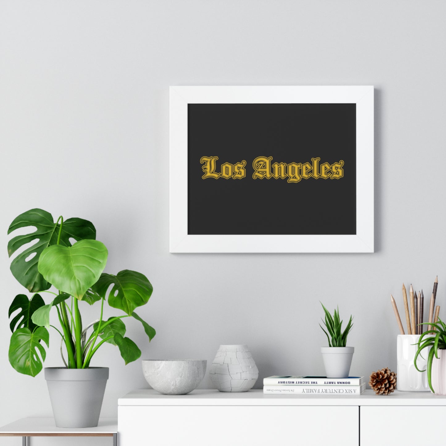 Los Angeles Framed Poster, Urban Wall Art for Home Decor, Cityscape Gift, Interior Design Accent, Modern Typography Decor - Golden Edition