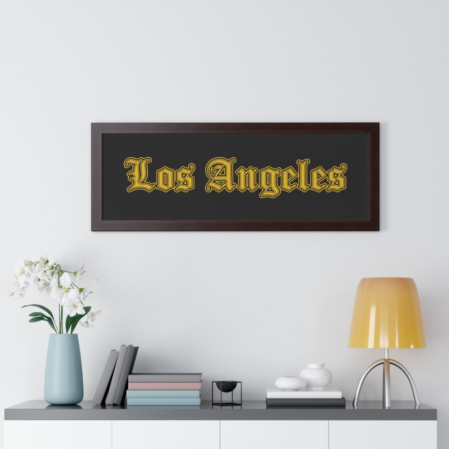 Los Angeles Framed Poster, Urban Wall Art for Home Decor, Cityscape Gift, Interior Design Accent, Modern Typography Decor - Golden Edition