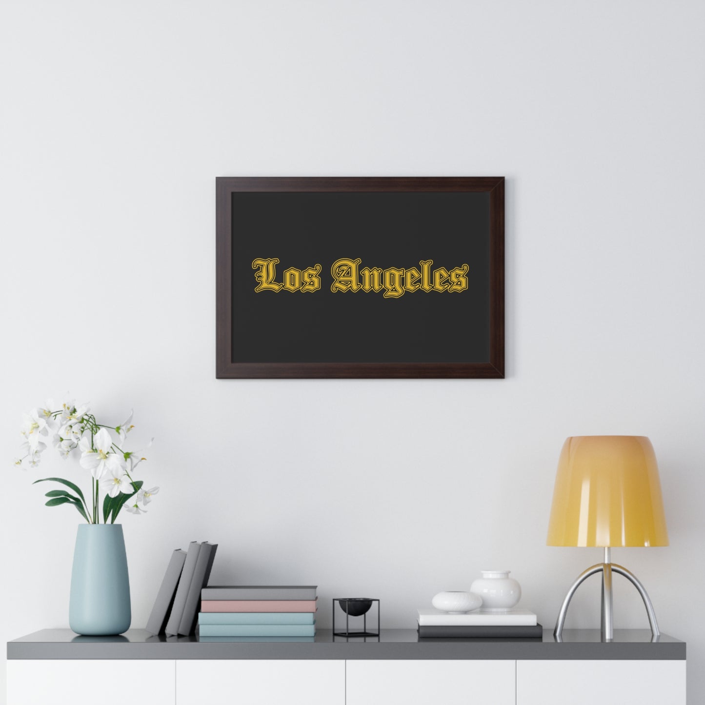 Los Angeles Framed Poster, Urban Wall Art for Home Decor, Cityscape Gift, Interior Design Accent, Modern Typography Decor - Golden Edition