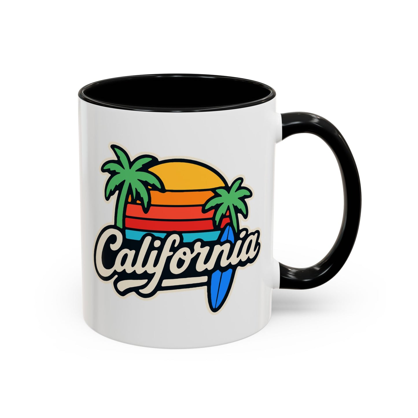 California Surf Vibes Accent Coffee Mug - Great for Beach Lovers, Gift for Surfers, Vacation Memento, Summer Collections, Retro Style