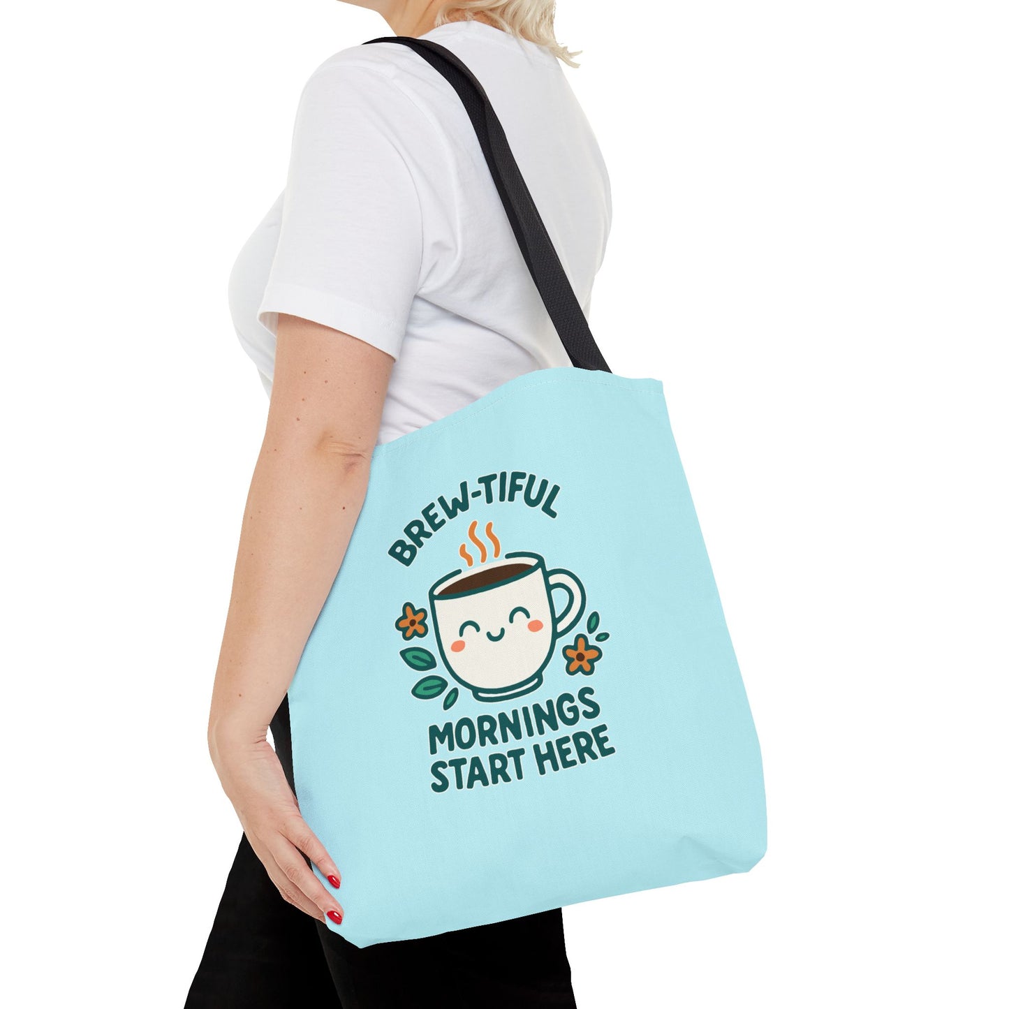 Brew-tiful Mornings Tote Bag, Cute Coffee Lover Gift, Reusable Grocery Bag, Spring Picnic Essentials, Motivational Quote Tote