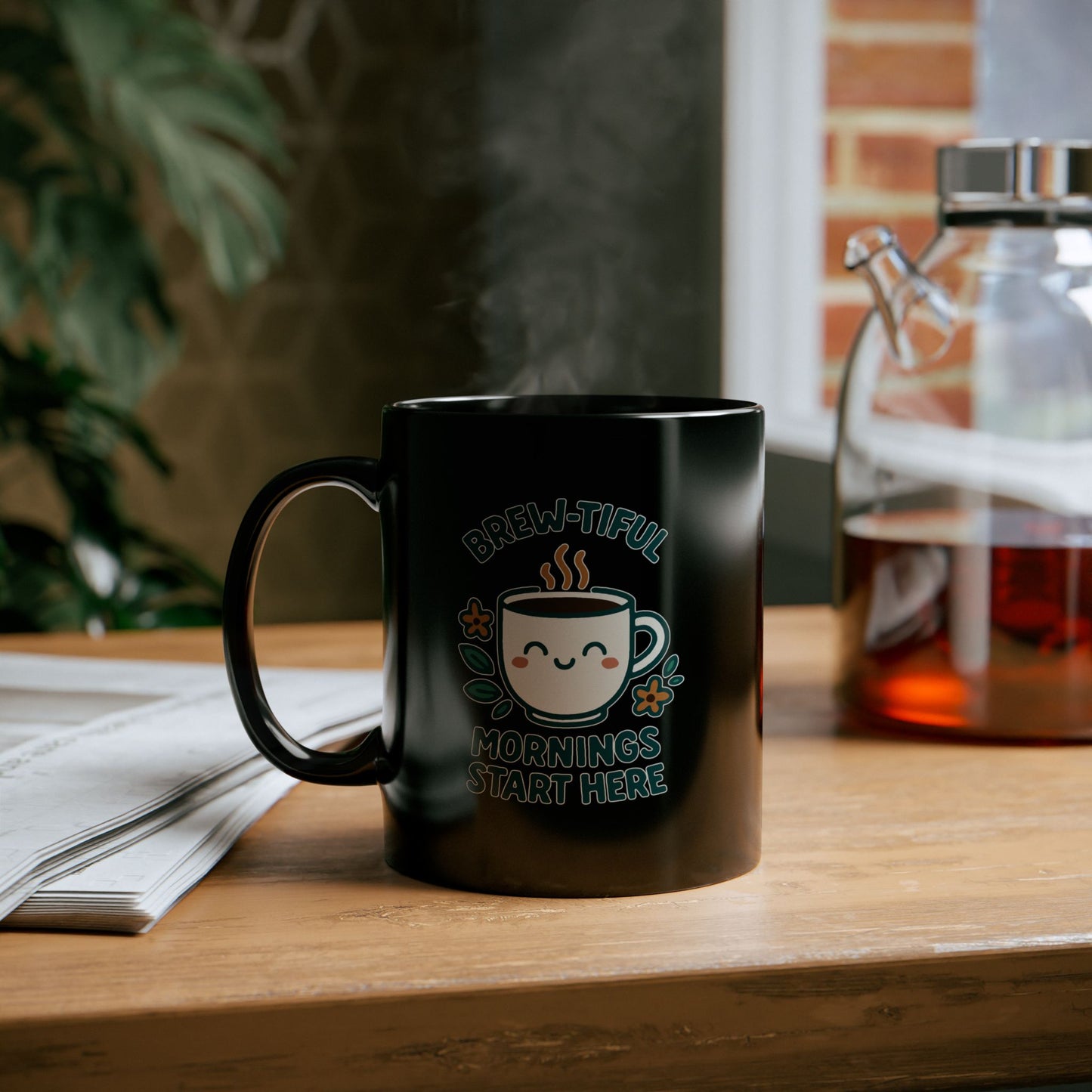 Brew-tiful Morning Mug, Cute Black Coffee Mug, Gift for Coffee Lovers, Fun Kitchen Decor, Inspirational Mug