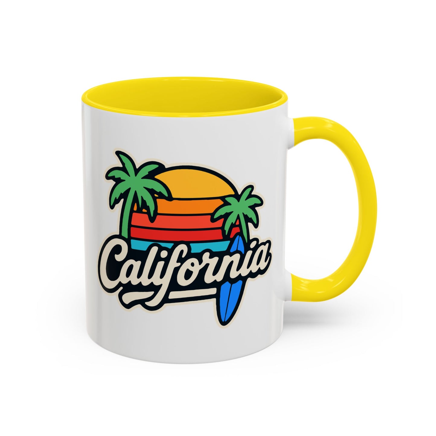 California Surf Vibes Accent Coffee Mug - Great for Beach Lovers, Gift for Surfers, Vacation Memento, Summer Collections, Retro Style