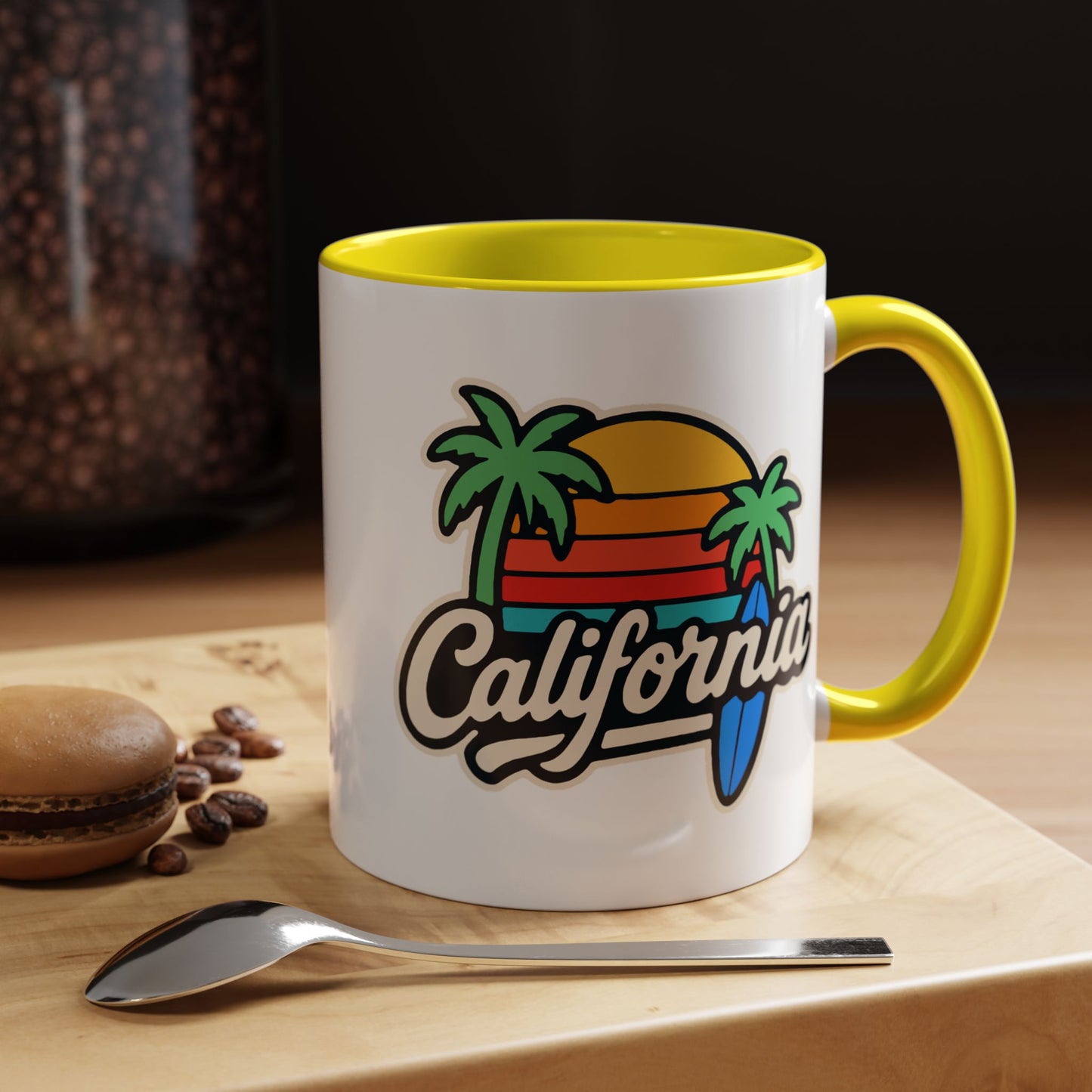 California Surf Vibes Accent Coffee Mug - Great for Beach Lovers, Gift for Surfers, Vacation Memento, Summer Collections, Retro Style