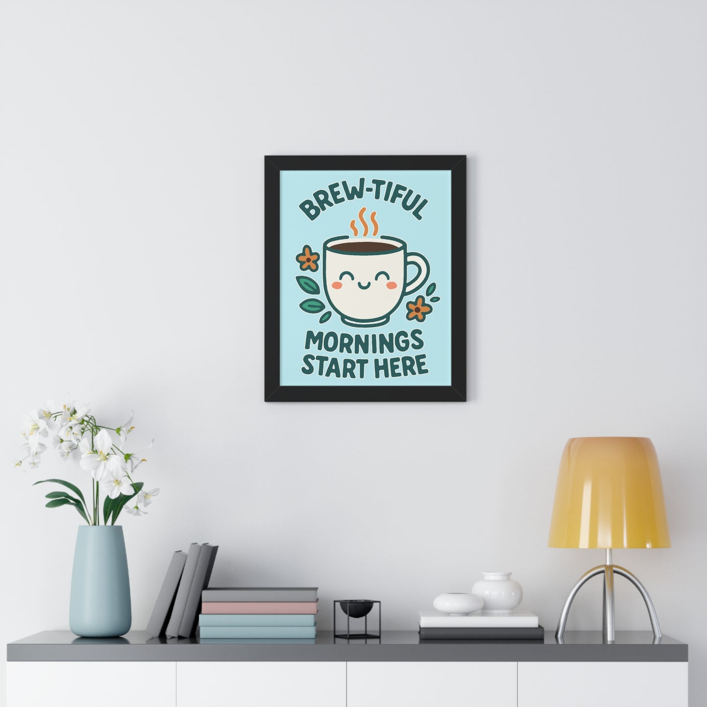 Cute Coffee Wall Art, Brew-tiful Mornings Poster, Kitchen Decor, Gift for Coffee Lovers, Floral Artwork, Home Office Print