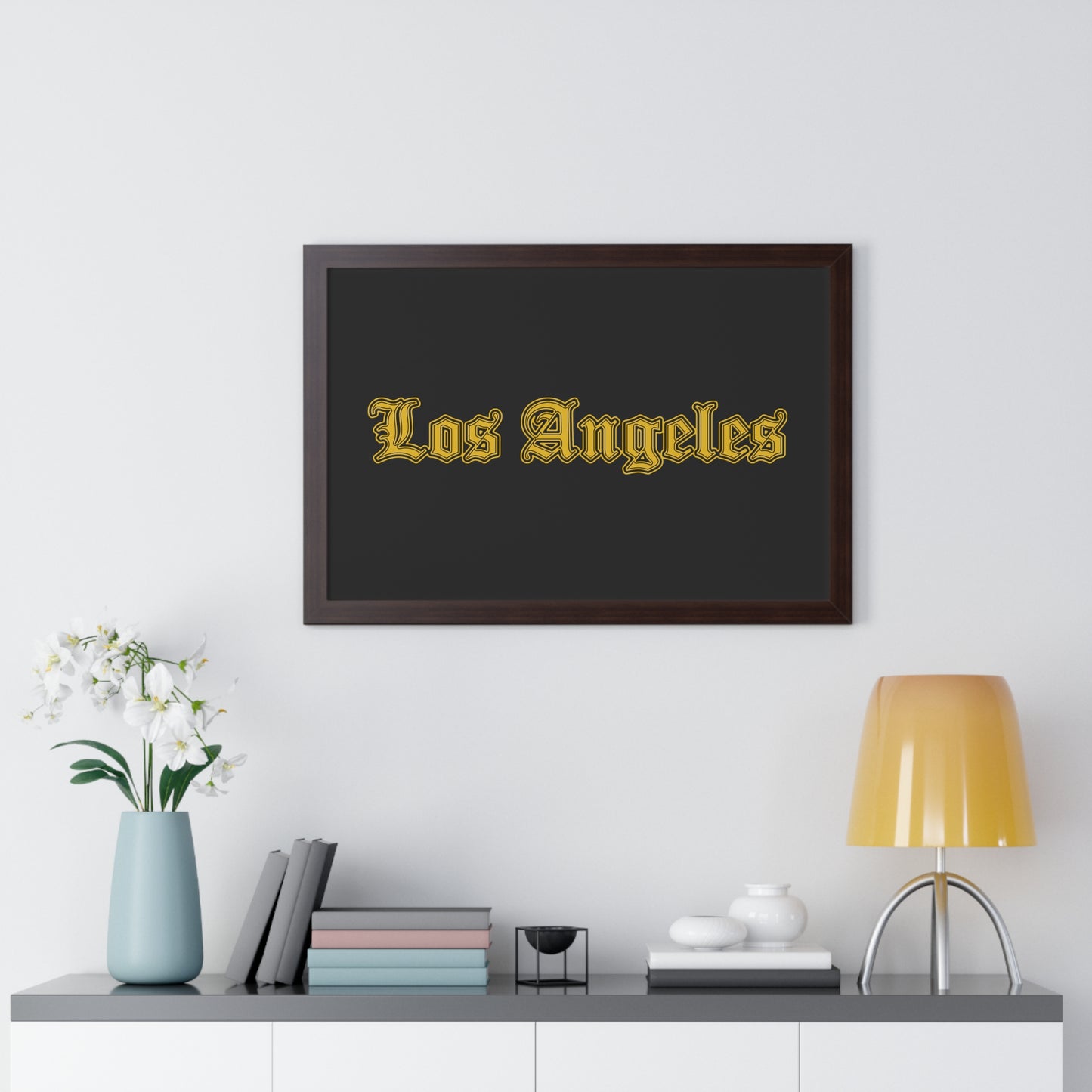 Los Angeles Framed Poster, Urban Wall Art for Home Decor, Cityscape Gift, Interior Design Accent, Modern Typography Decor - Golden Edition