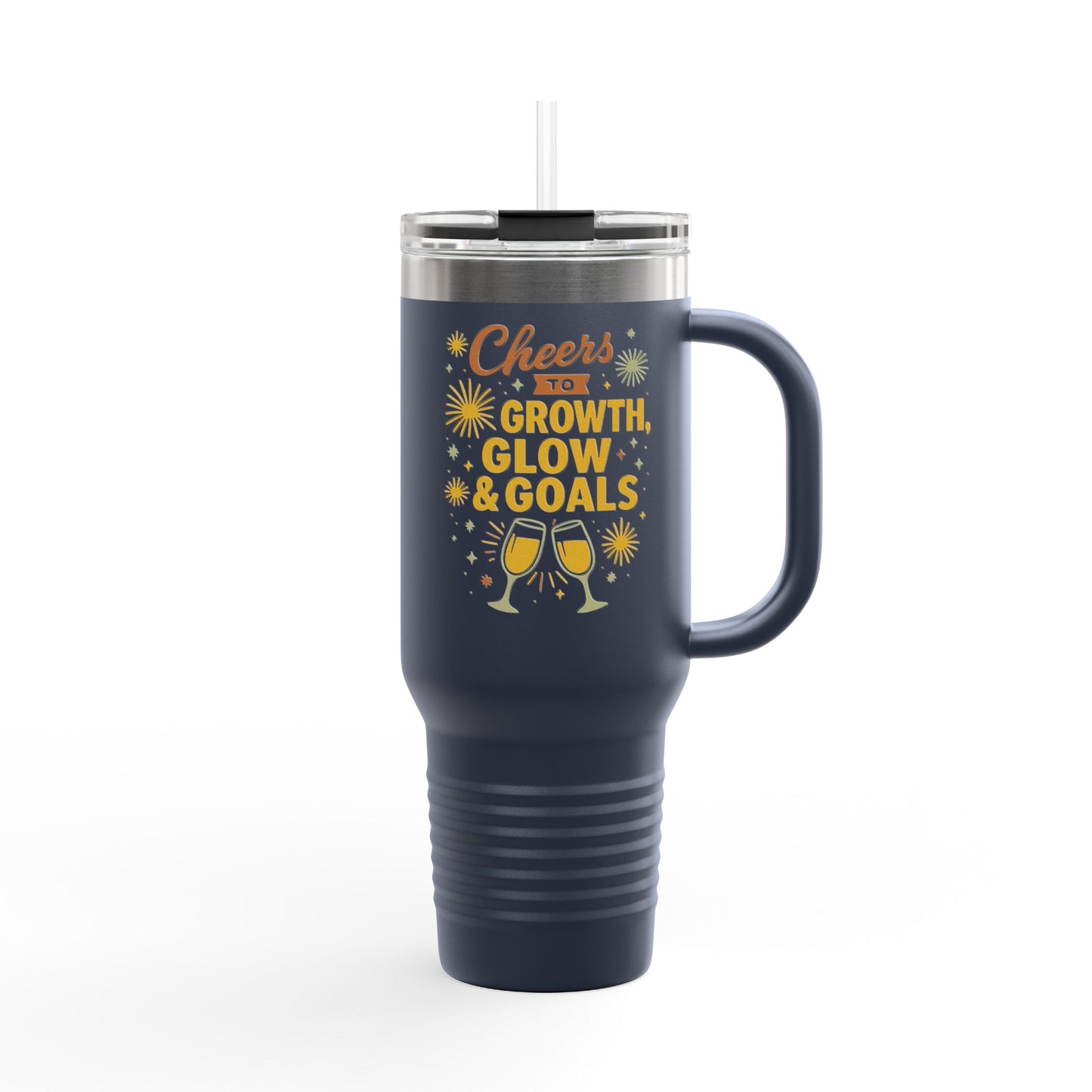 Cheers to Growth Insulated Travel Mug, 40oz, Motivational Gift for Friends, Birthday Coffee Tumbler, Inspirational Drinkware, New Year Vibes