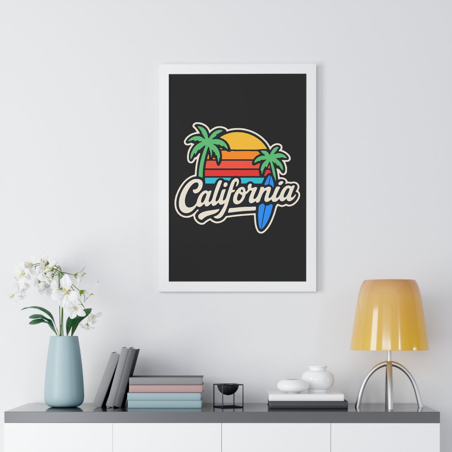 California Sunset Framed Poster, Beach Wall Art, Home Decor, Tropical Vibes, Gift for Surf Lovers