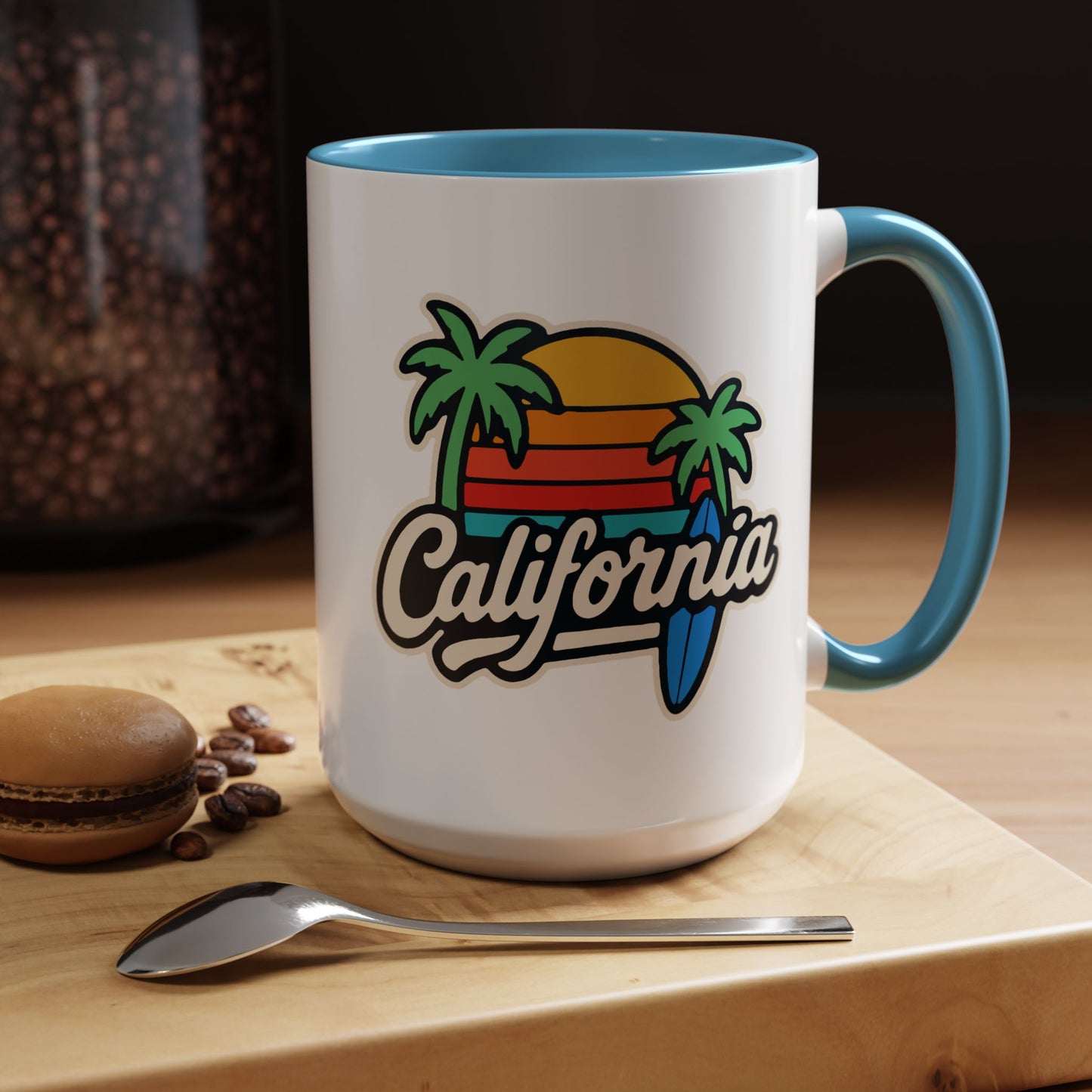California Surf Vibes Accent Coffee Mug - Great for Beach Lovers, Gift for Surfers, Vacation Memento, Summer Collections, Retro Style