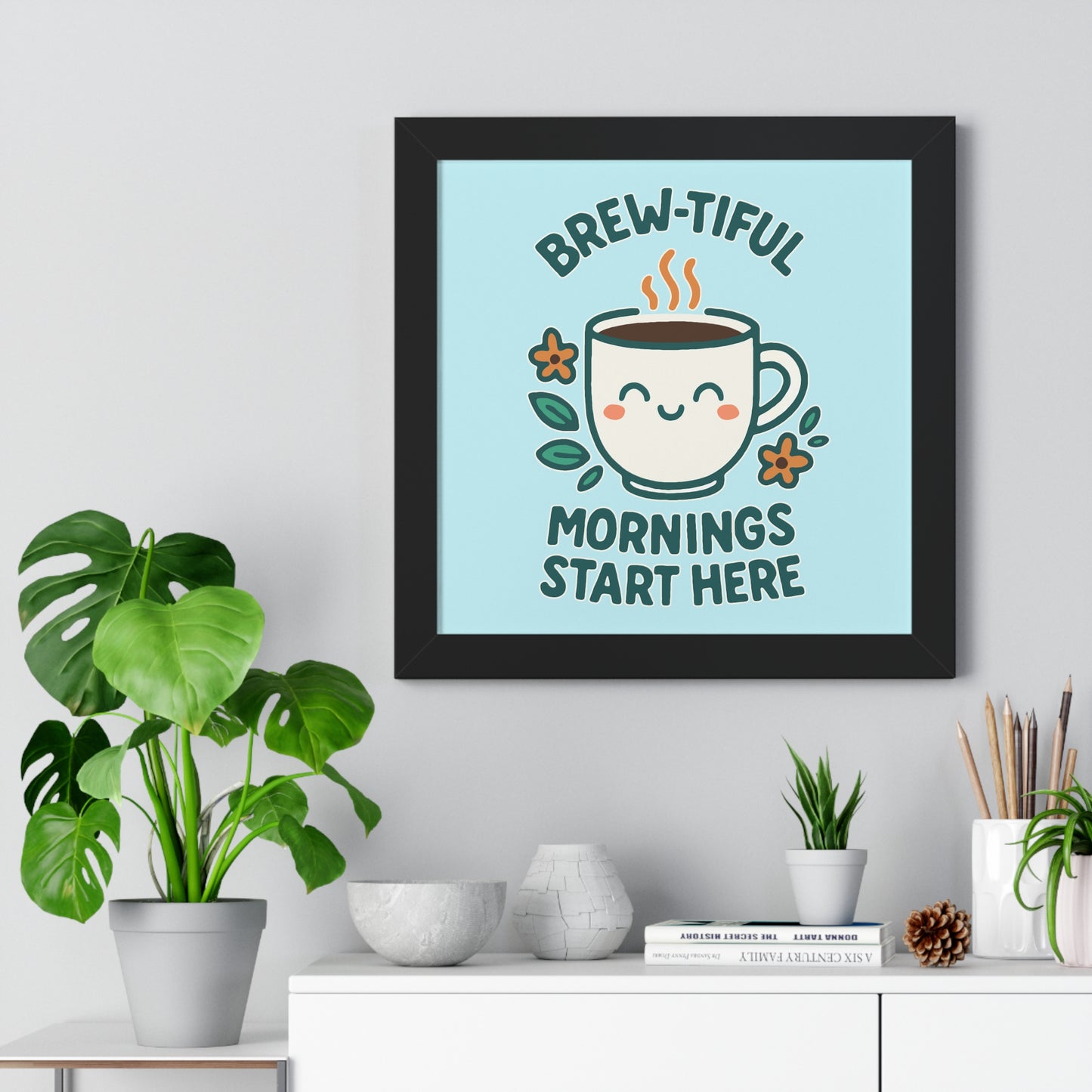 Cute Coffee Wall Art, Brew-tiful Mornings Poster, Kitchen Decor, Gift for Coffee Lovers, Floral Artwork, Home Office Print