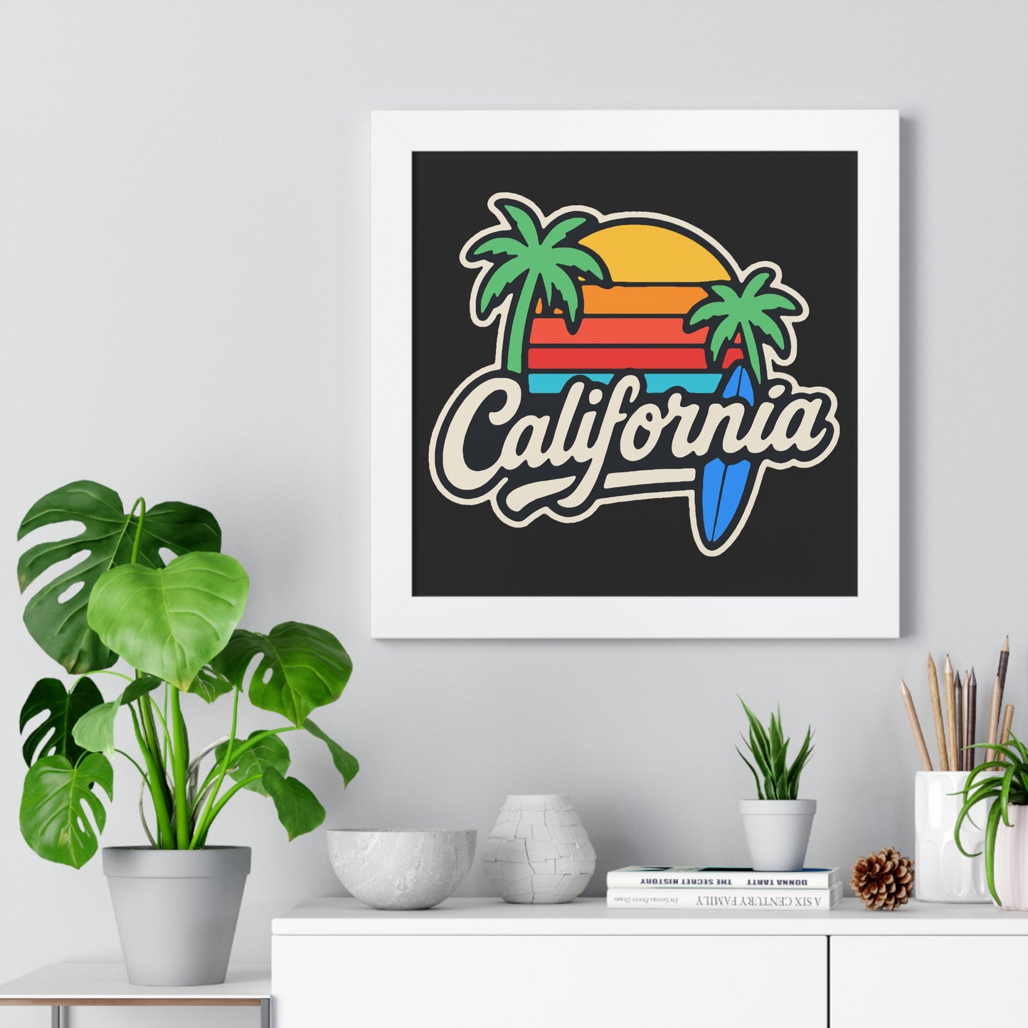 California Sunset Framed Poster, Beach Wall Art, Home Decor, Tropical Vibes, Gift for Surf Lovers