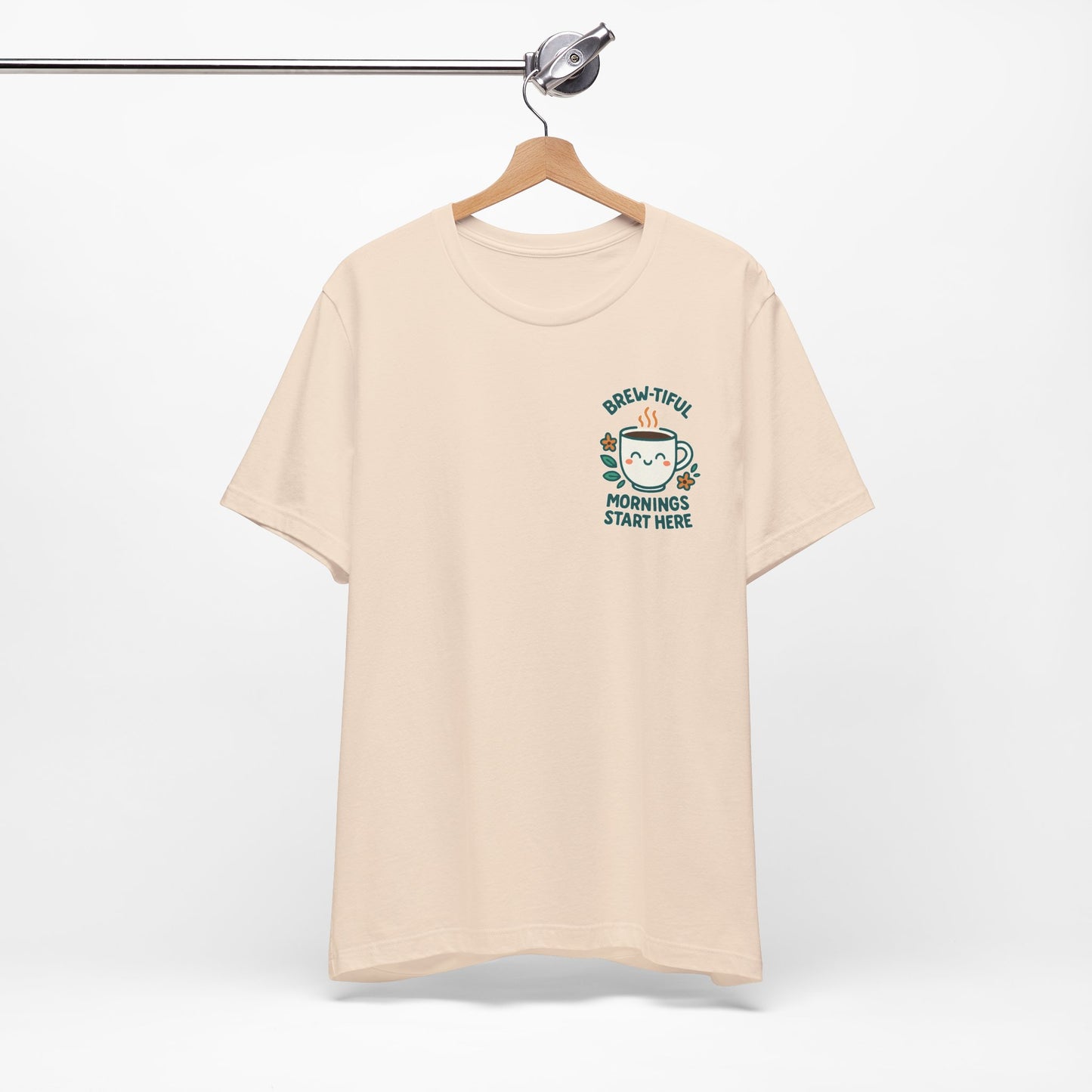 Cute Coffee Lover T-Shirt, Brew-tiful Mornings Start Here Tee, Perfect for Baristas, Gift for Coffee Enthusiasts, Cozy Everyday Wear