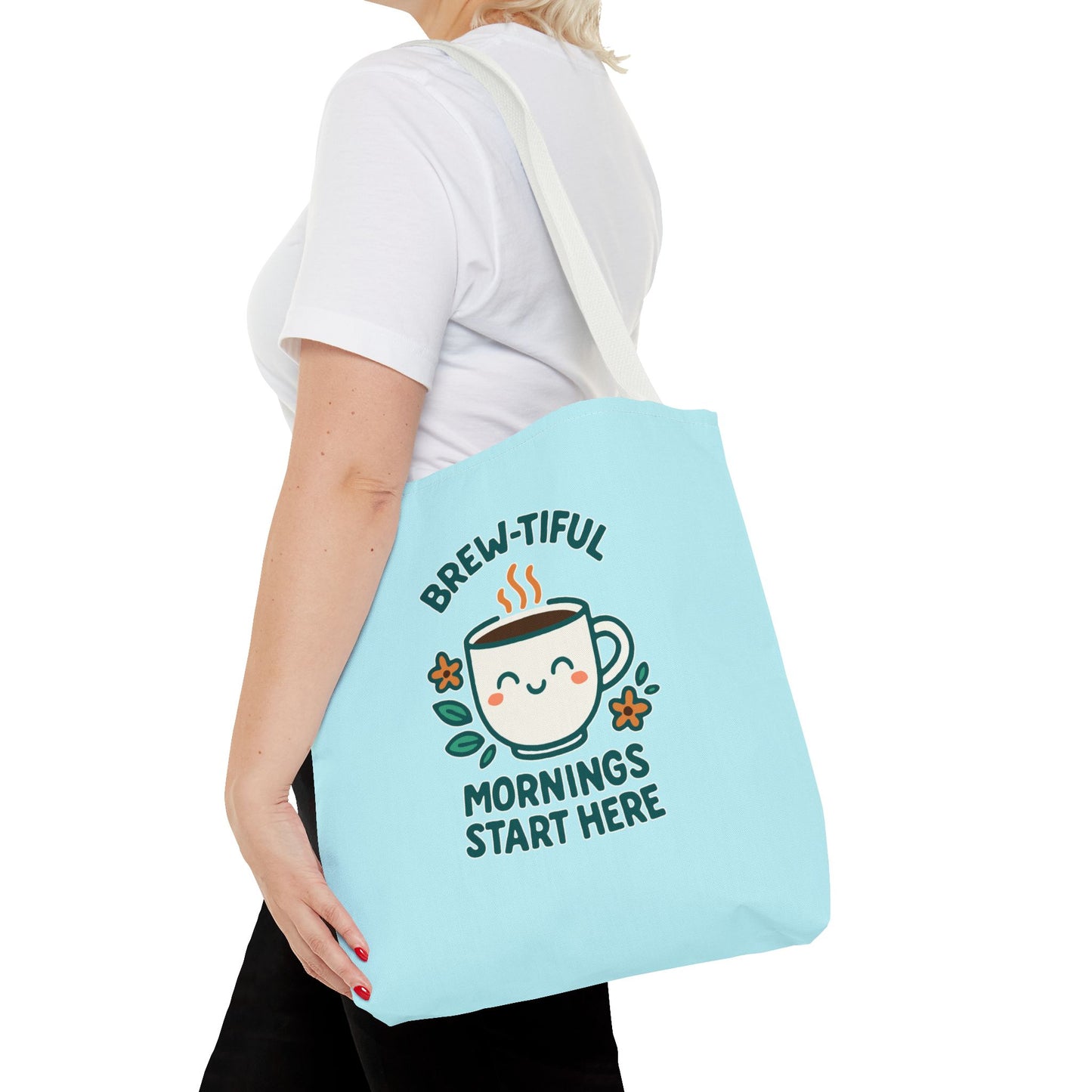 Brew-tiful Mornings Tote Bag, Cute Coffee Lover Gift, Reusable Grocery Bag, Spring Picnic Essentials, Motivational Quote Tote