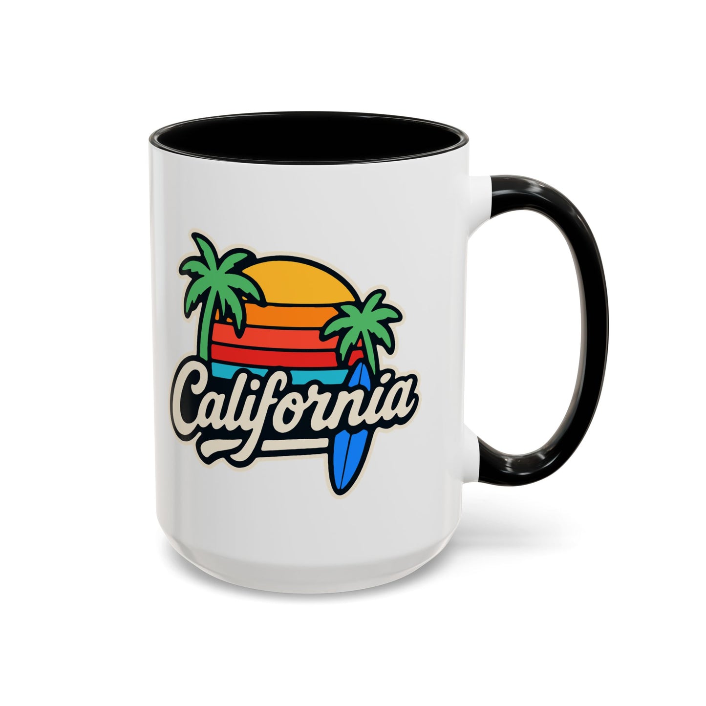 California Surf Vibes Accent Coffee Mug - Great for Beach Lovers, Gift for Surfers, Vacation Memento, Summer Collections, Retro Style