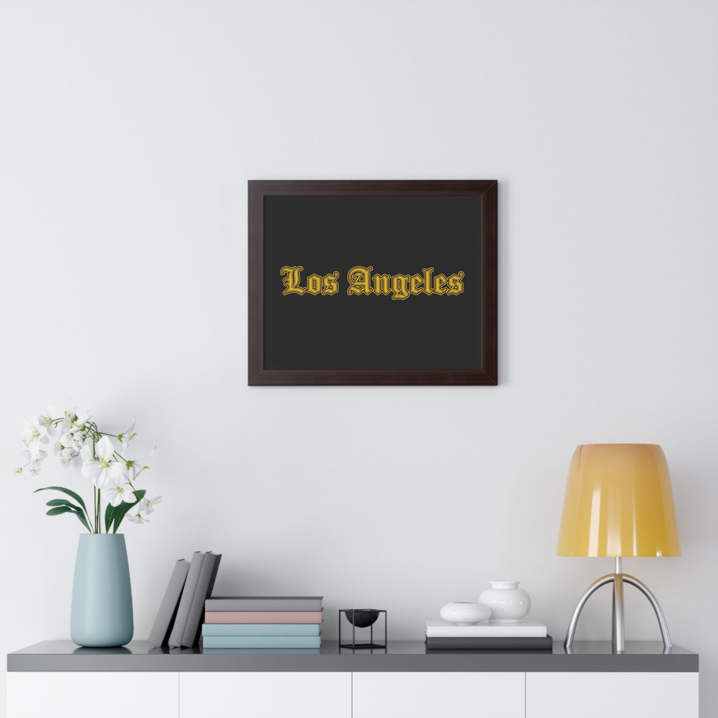Los Angeles Framed Poster, Urban Wall Art for Home Decor, Cityscape Gift, Interior Design Accent, Modern Typography Decor - Golden Edition