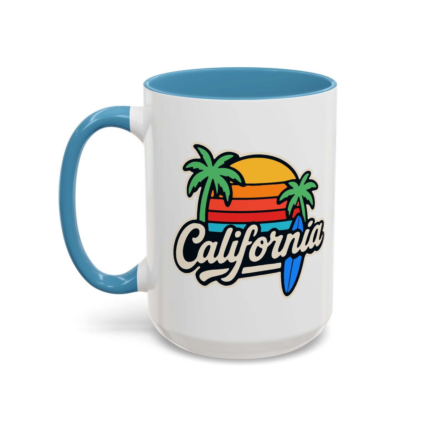 California Surf Vibes Accent Coffee Mug - Great for Beach Lovers, Gift for Surfers, Vacation Memento, Summer Collections, Retro Style