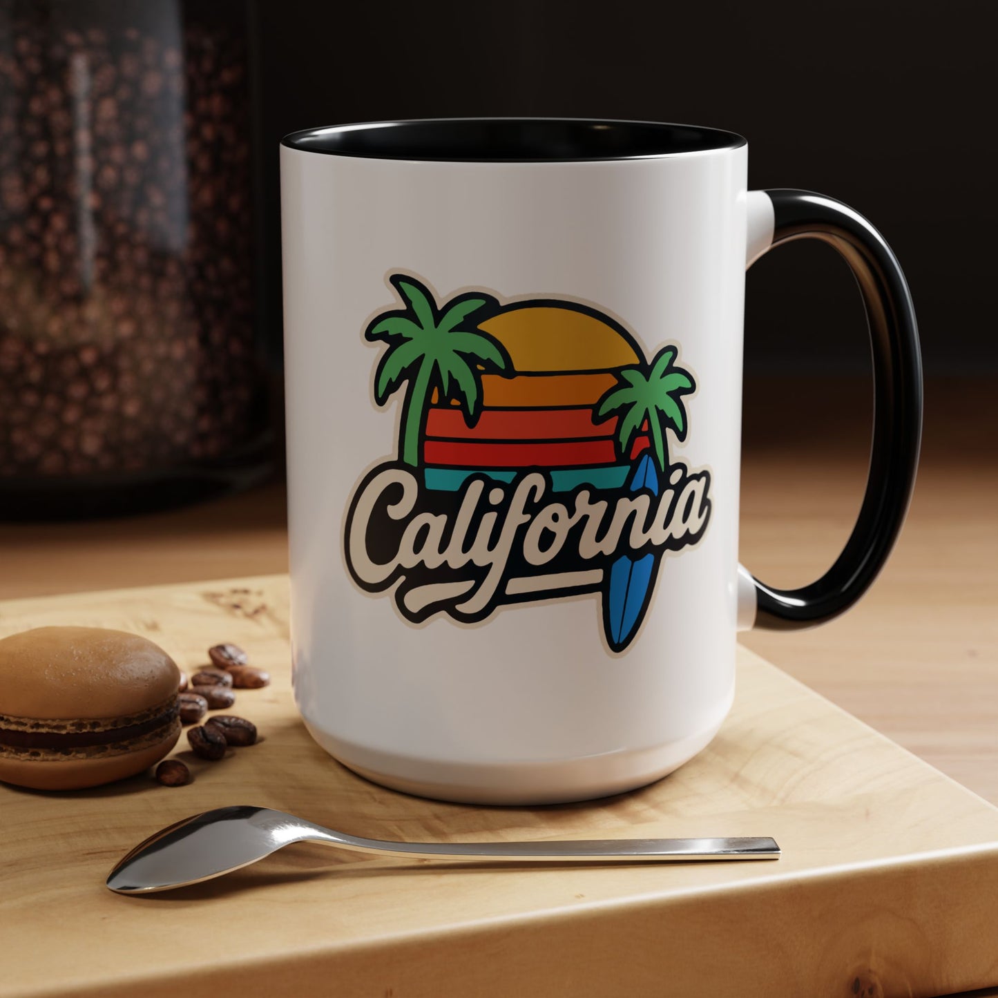 California Surf Vibes Accent Coffee Mug - Great for Beach Lovers, Gift for Surfers, Vacation Memento, Summer Collections, Retro Style
