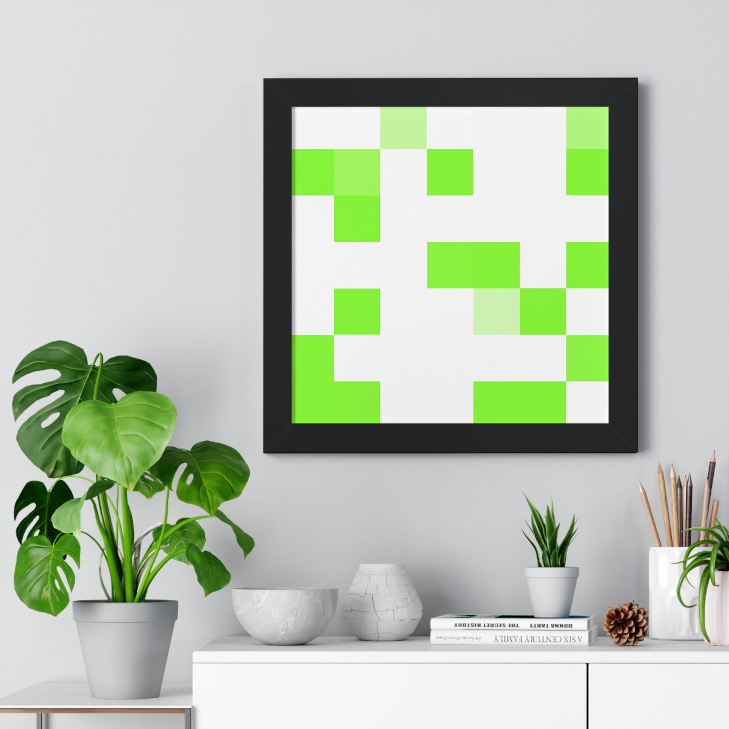 Lime Green Pixel Grid - Framed Poster