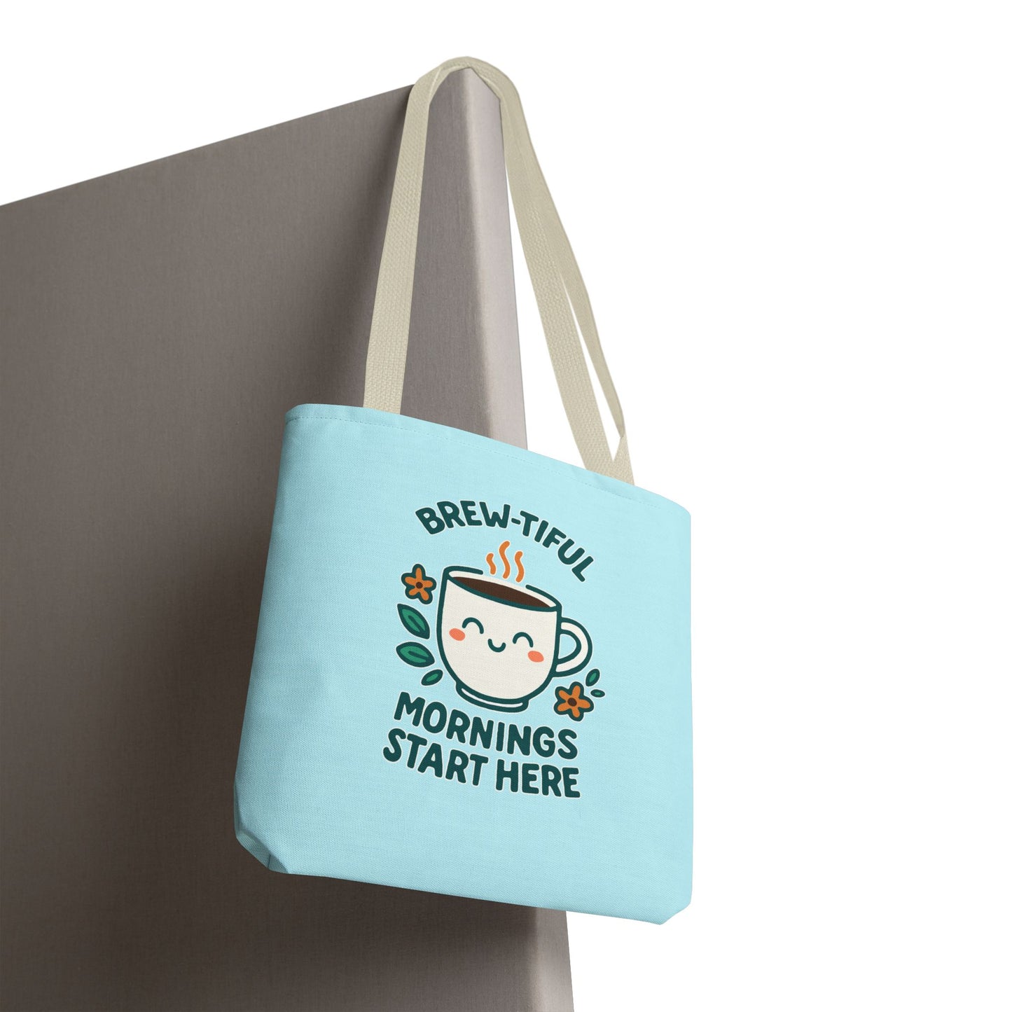 Brew-tiful Mornings Tote Bag, Cute Coffee Lover Gift, Reusable Grocery Bag, Spring Picnic Essentials, Motivational Quote Tote