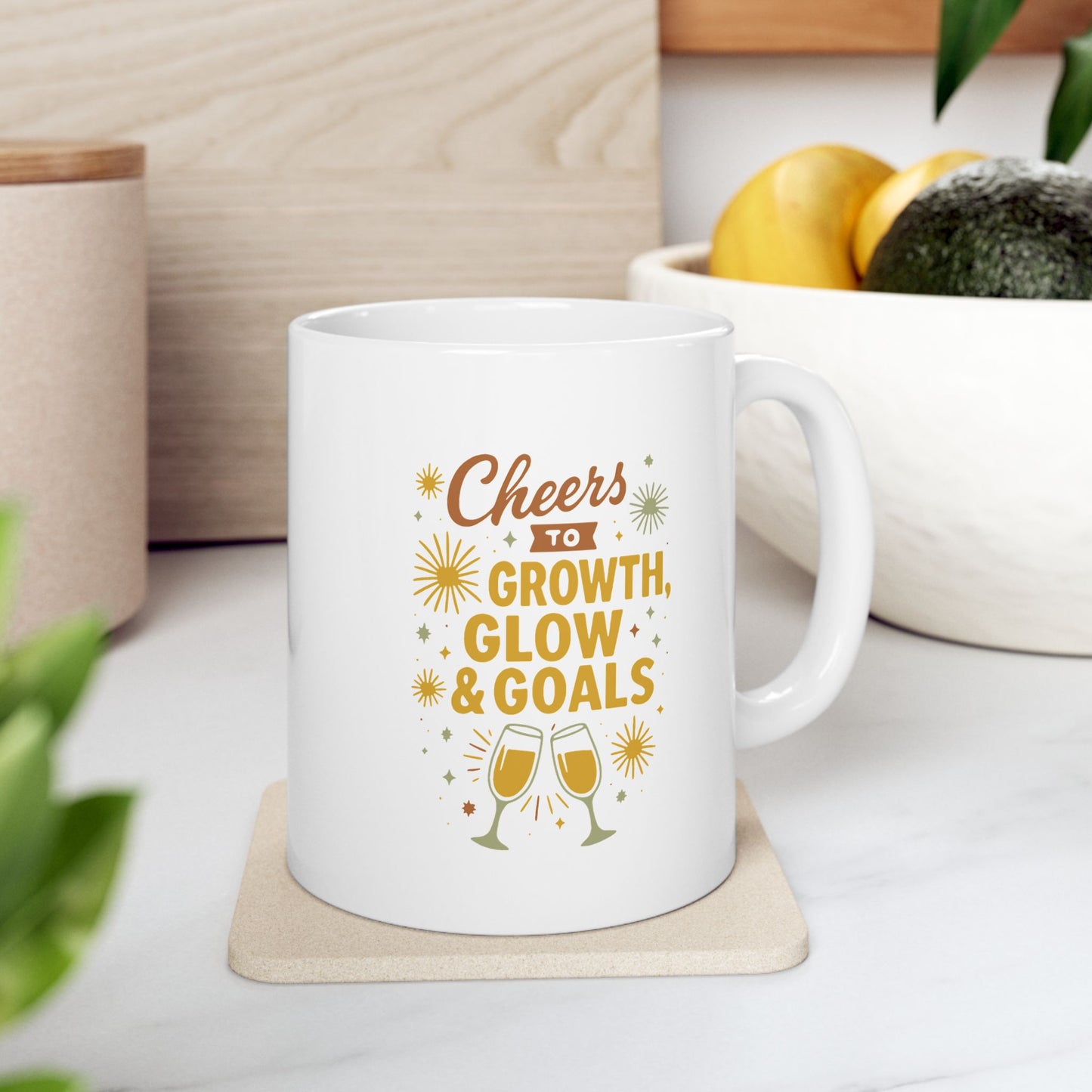 Cheers to Growth Ceramic Mug, Motivational Cup, Self-Improvement Gift, Office Mug, Inspirational Drinkware, Goal-Setting