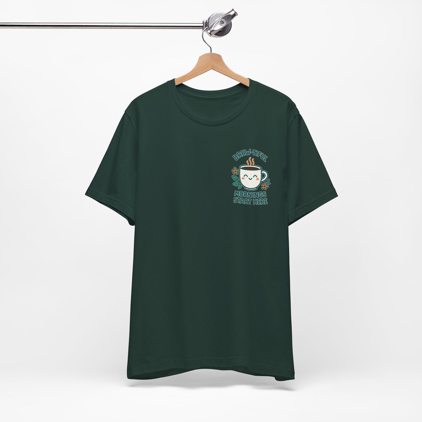 Cute Coffee Lover T-Shirt, Brew-tiful Mornings Start Here Tee, Perfect for Baristas, Gift for Coffee Enthusiasts, Cozy Everyday Wear