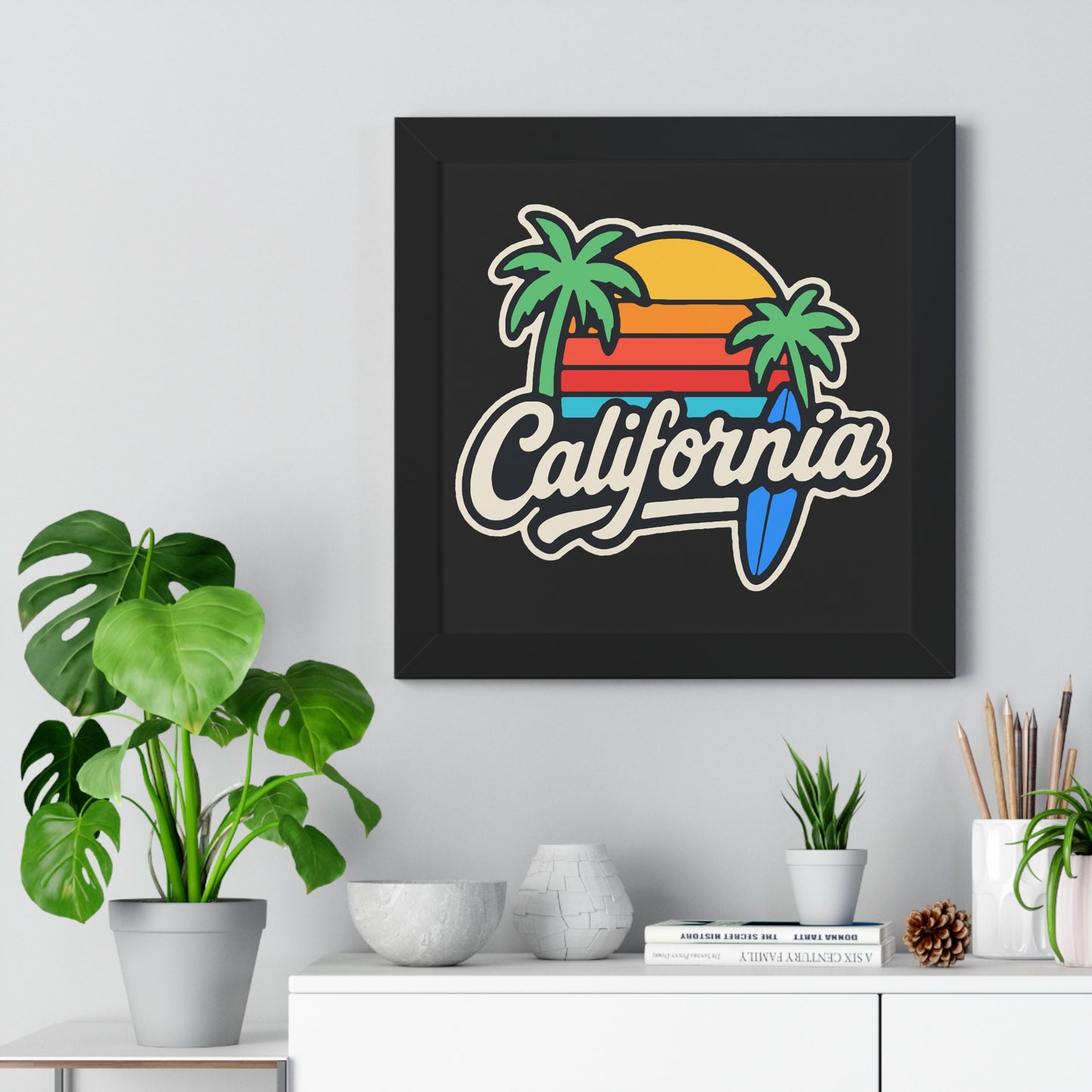 California Sunset Framed Poster, Beach Wall Art, Home Decor, Tropical Vibes, Gift for Surf Lovers