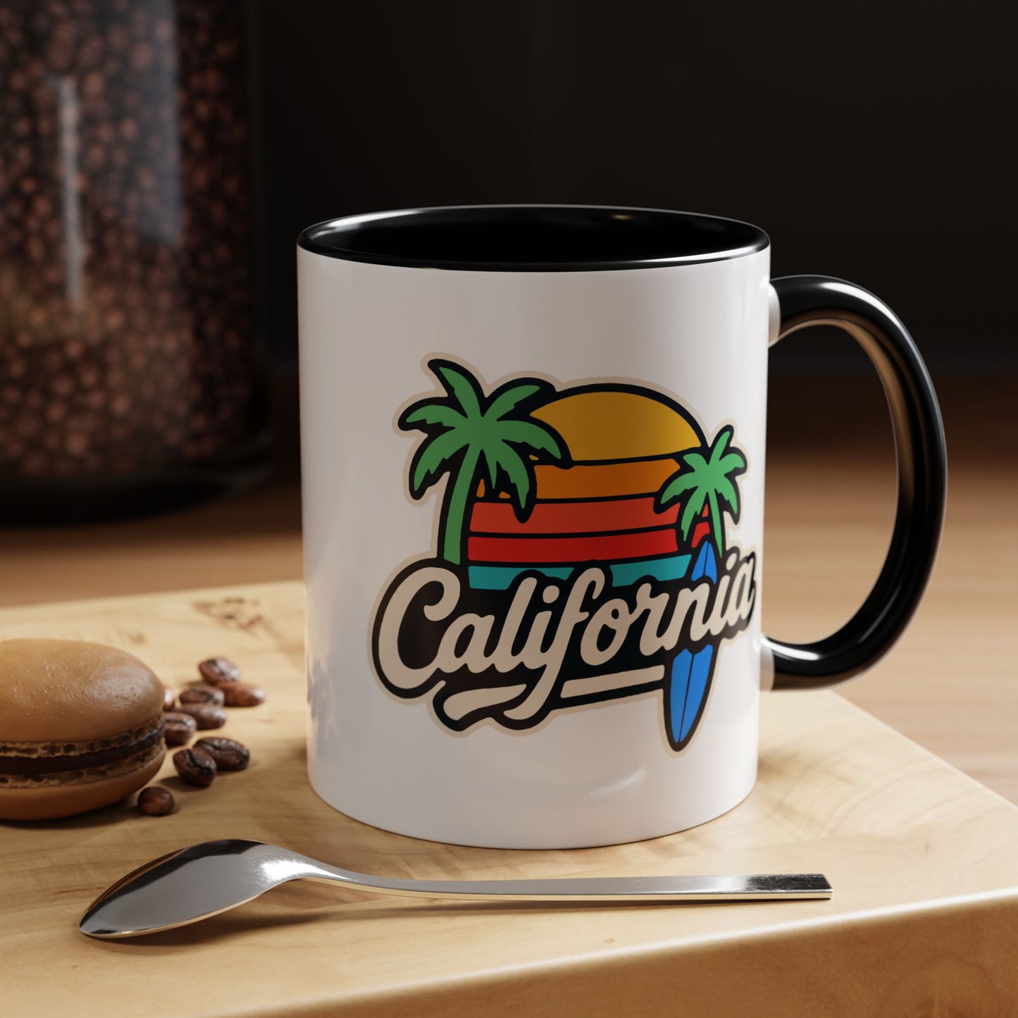 California Surf Vibes Accent Coffee Mug - Great for Beach Lovers, Gift for Surfers, Vacation Memento, Summer Collections, Retro Style