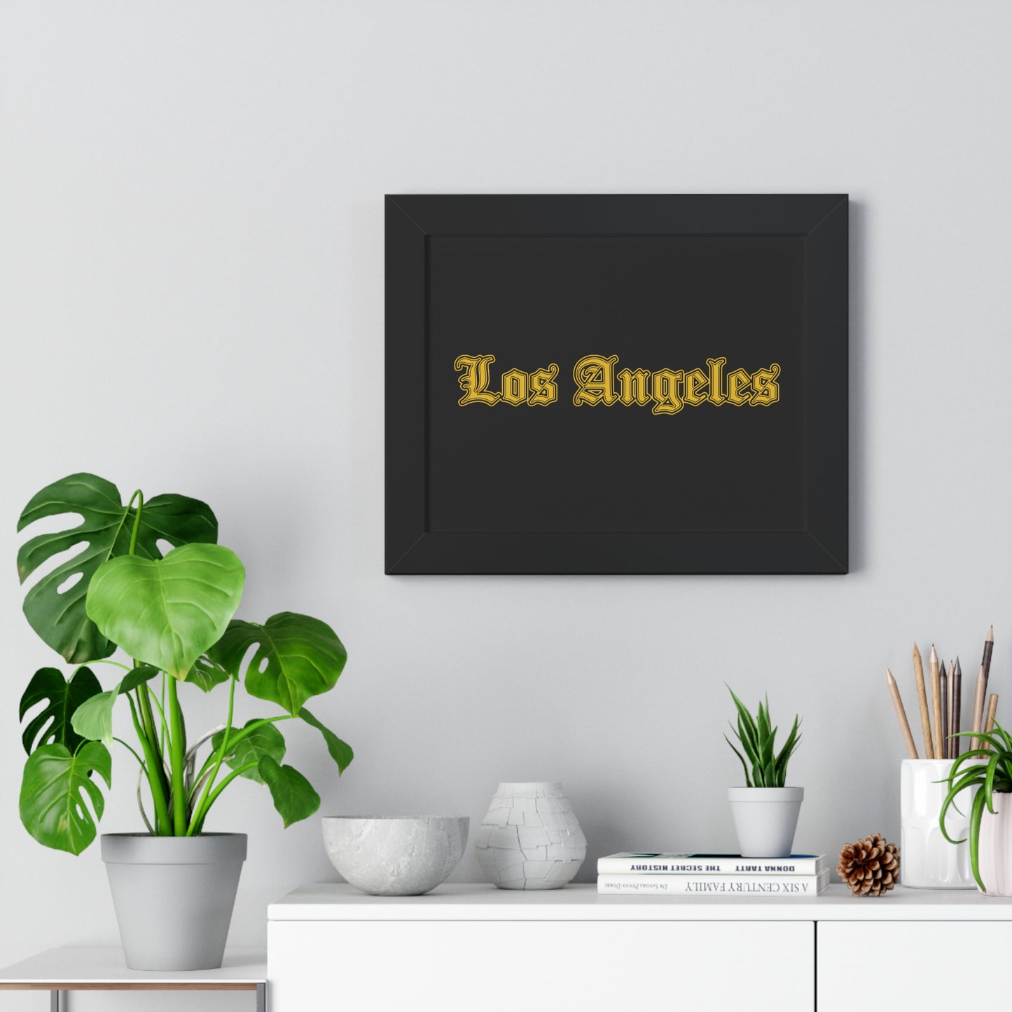 Los Angeles Framed Poster, Urban Wall Art for Home Decor, Cityscape Gift, Interior Design Accent, Modern Typography Decor - Golden Edition