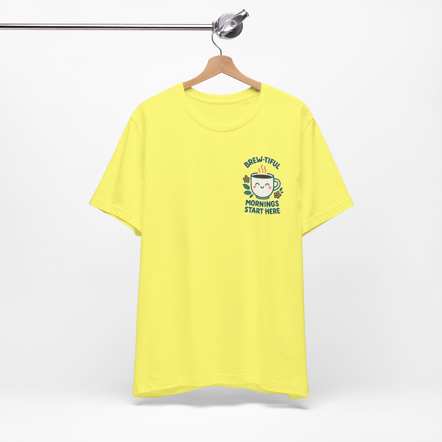 Cute Coffee Lover T-Shirt, Brew-tiful Mornings Start Here Tee, Perfect for Baristas, Gift for Coffee Enthusiasts, Cozy Everyday Wear