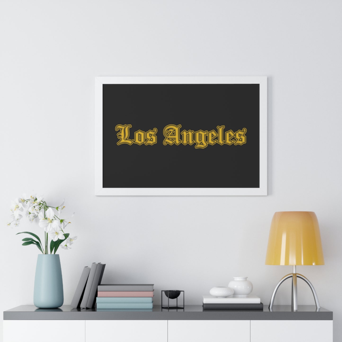 Los Angeles Framed Poster, Urban Wall Art for Home Decor, Cityscape Gift, Interior Design Accent, Modern Typography Decor - Golden Edition