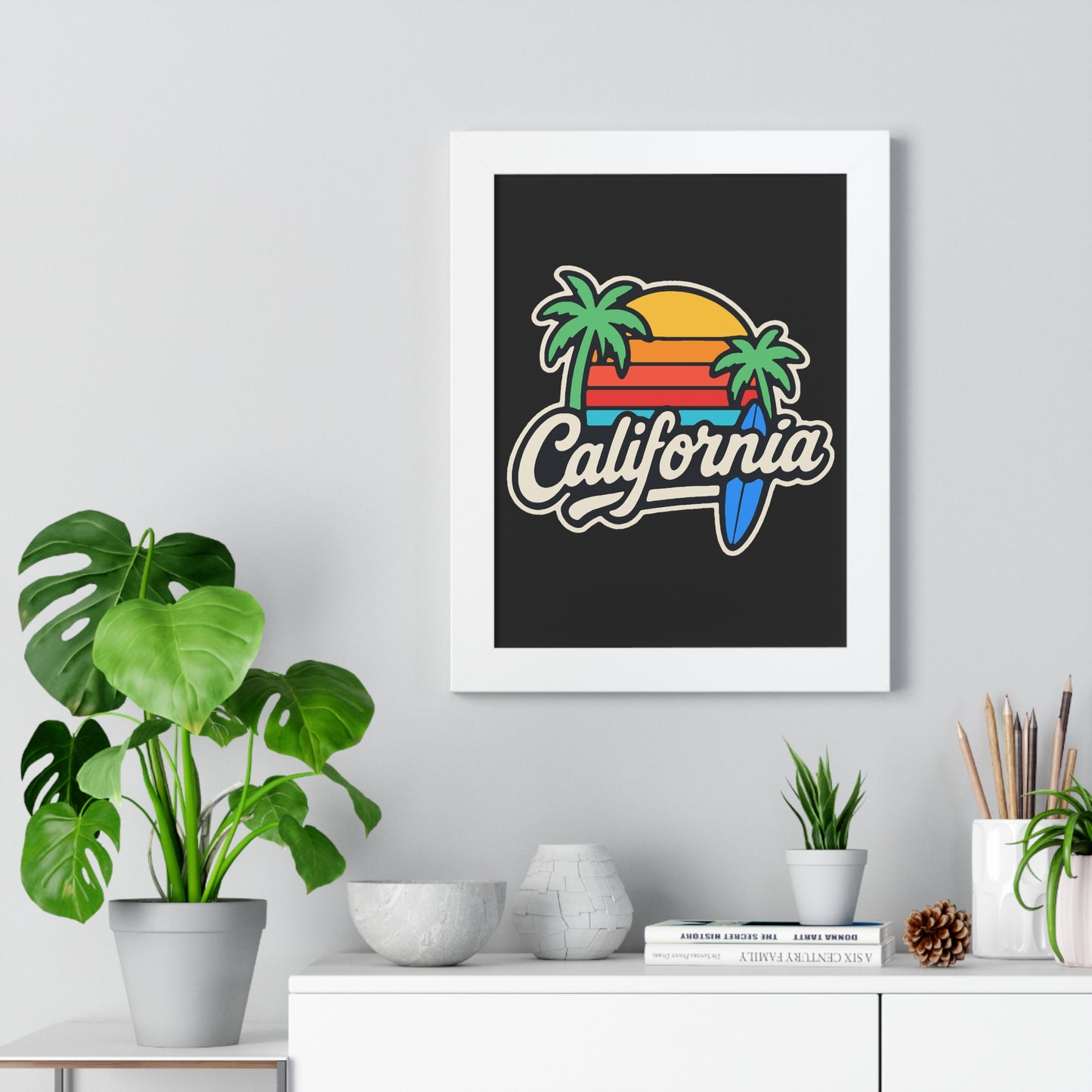California Sunset Framed Poster, Beach Wall Art, Home Decor, Tropical Vibes, Gift for Surf Lovers
