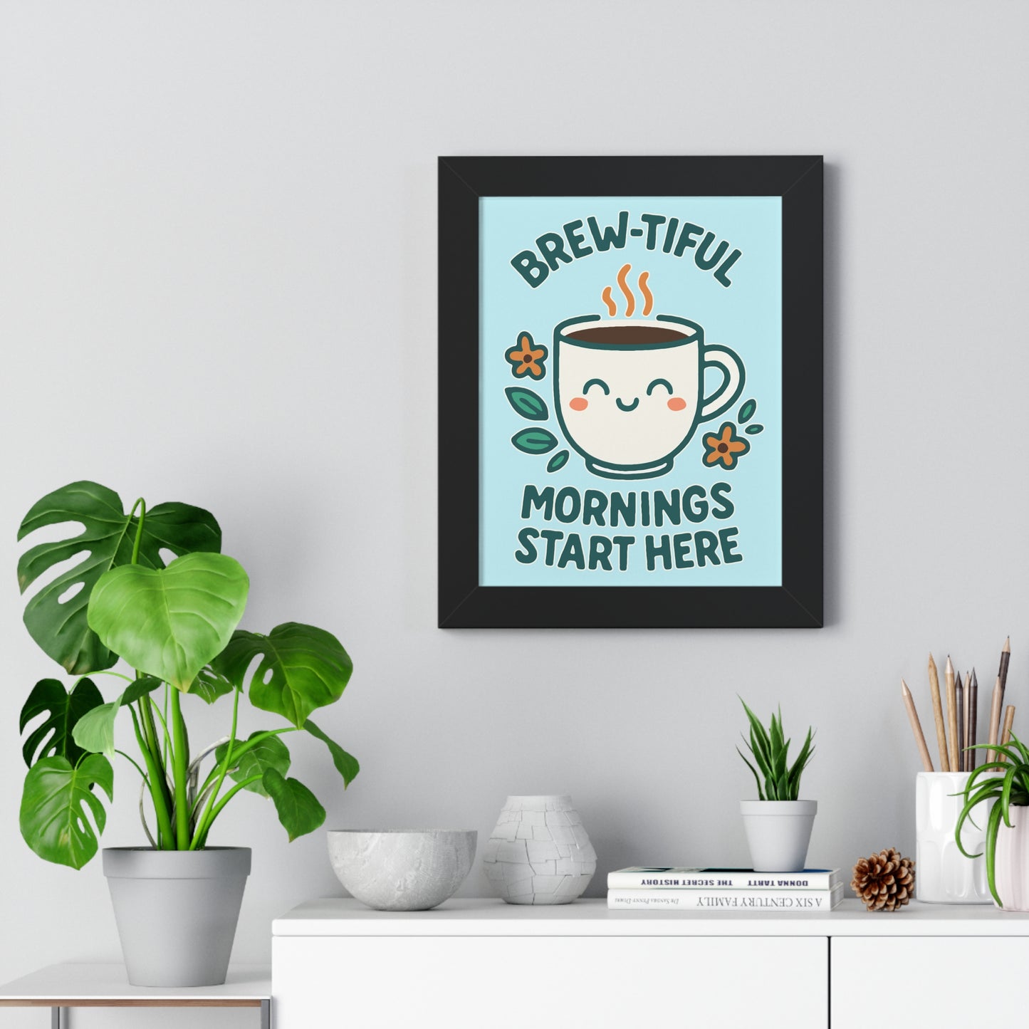 Cute Coffee Wall Art, Brew-tiful Mornings Poster, Kitchen Decor, Gift for Coffee Lovers, Floral Artwork, Home Office Print
