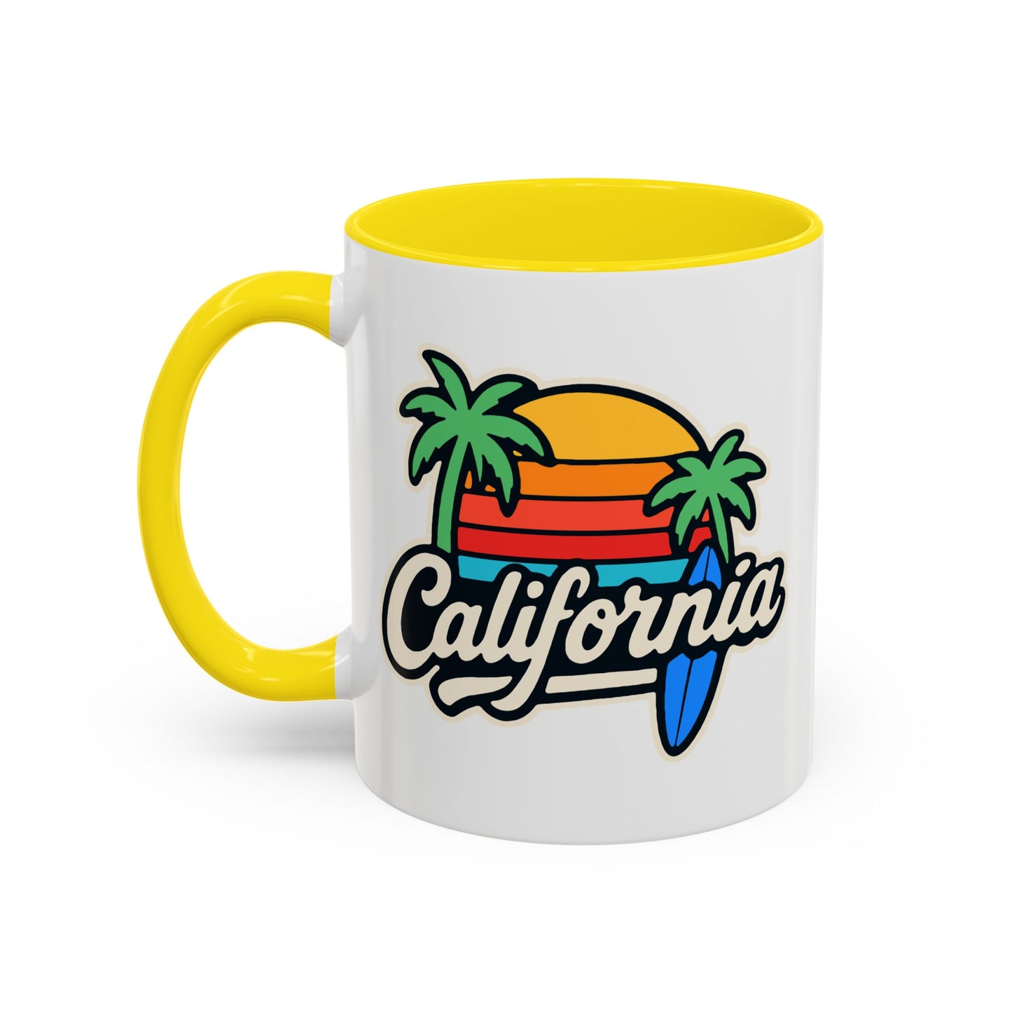 California Surf Vibes Accent Coffee Mug - Great for Beach Lovers, Gift for Surfers, Vacation Memento, Summer Collections, Retro Style