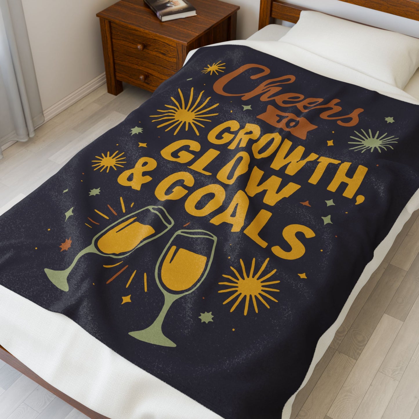 Cheers to Growth, Glow & Goals Velveteen Plush Blanket, Cozy Throw for Celebrations, Motivational Gifts, Home Decor, Self-Care