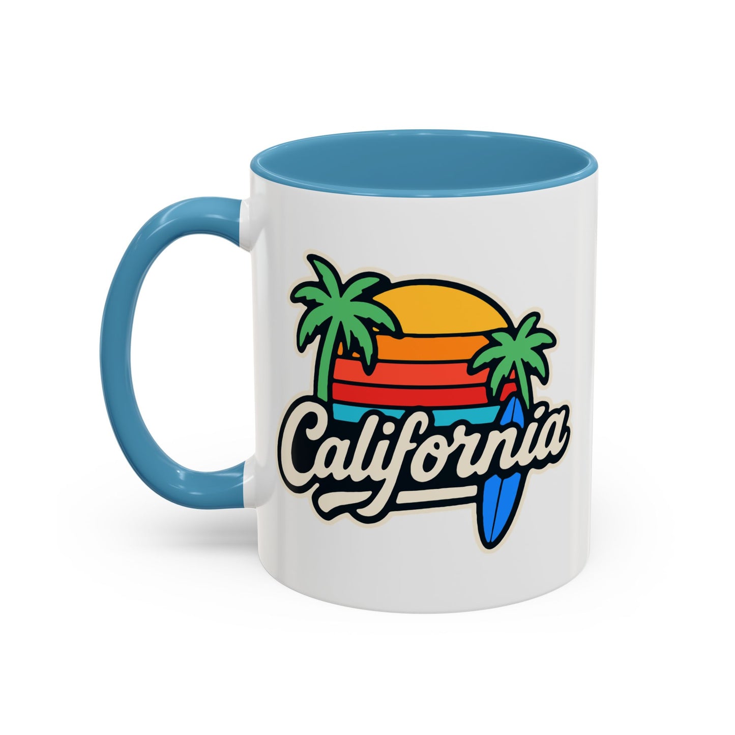 California Surf Vibes Accent Coffee Mug - Great for Beach Lovers, Gift for Surfers, Vacation Memento, Summer Collections, Retro Style