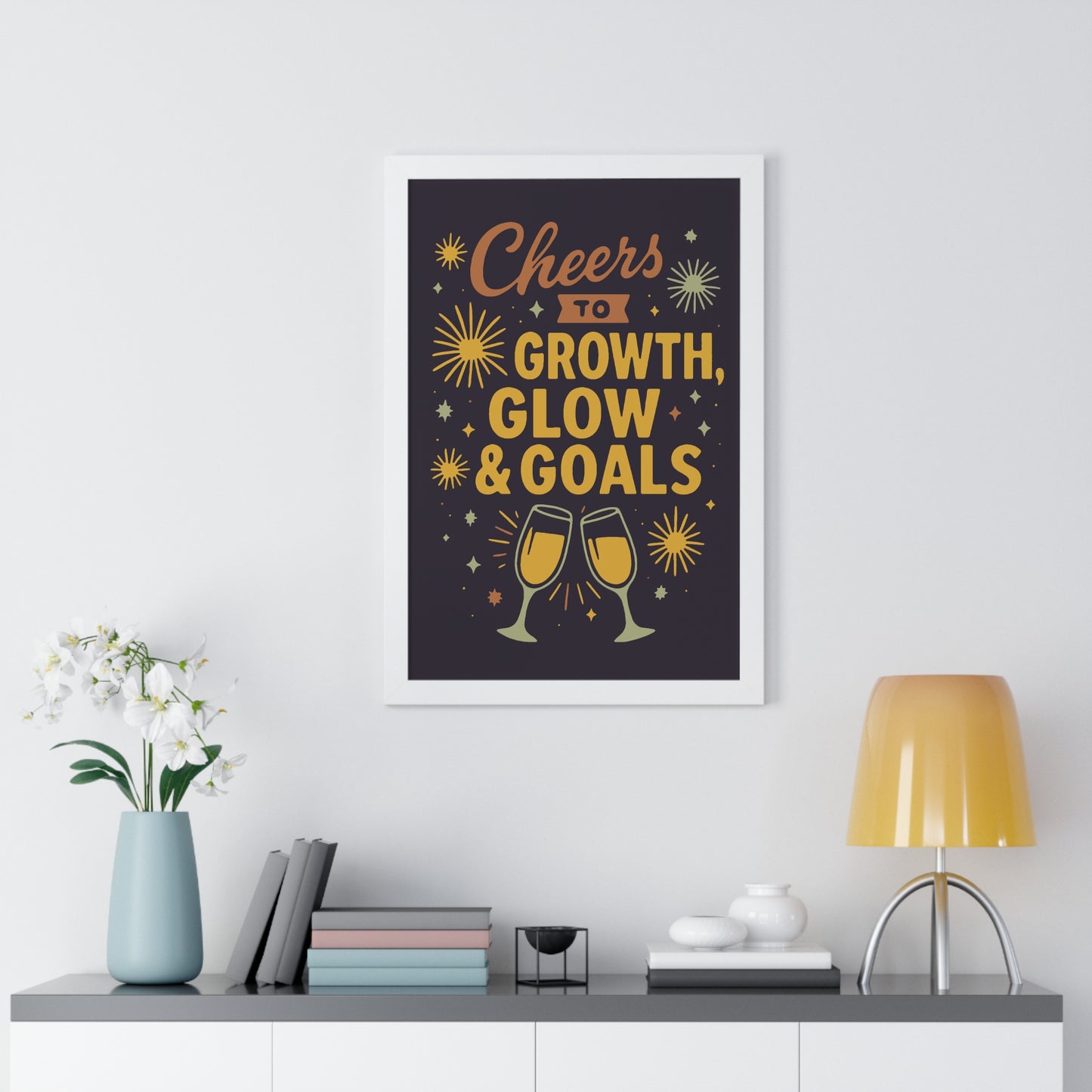 Cheers to Growth Framed Vertical Poster, Inspirational Wall Art, Celebration Decor, Motivational Print, Gift for New Beginnings