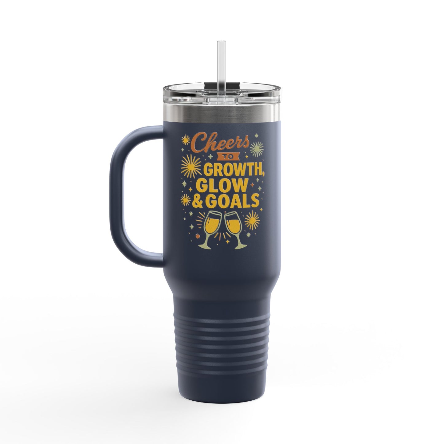 Cheers to Growth Insulated Travel Mug, 40oz, Motivational Gift for Friends, Birthday Coffee Tumbler, Inspirational Drinkware, New Year Vibes