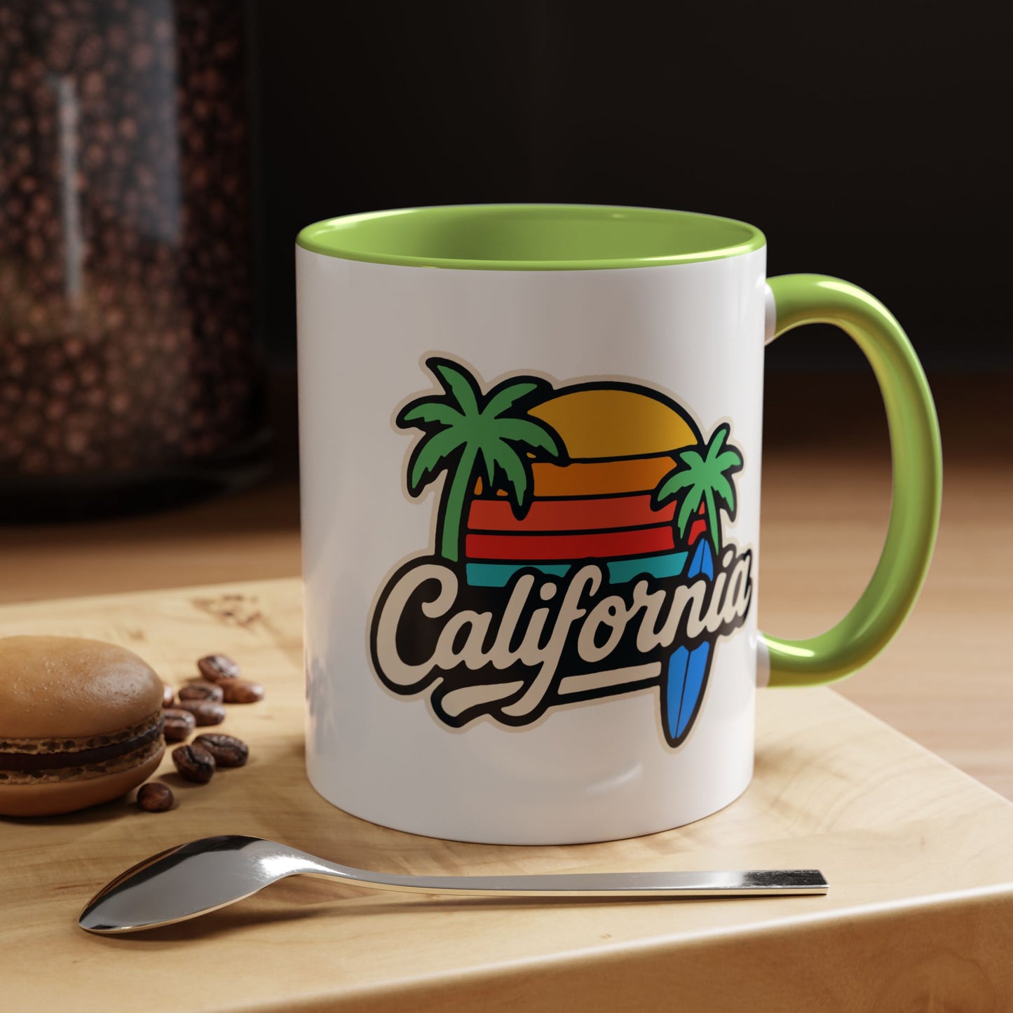California Surf Vibes Accent Coffee Mug - Great for Beach Lovers, Gift for Surfers, Vacation Memento, Summer Collections, Retro Style
