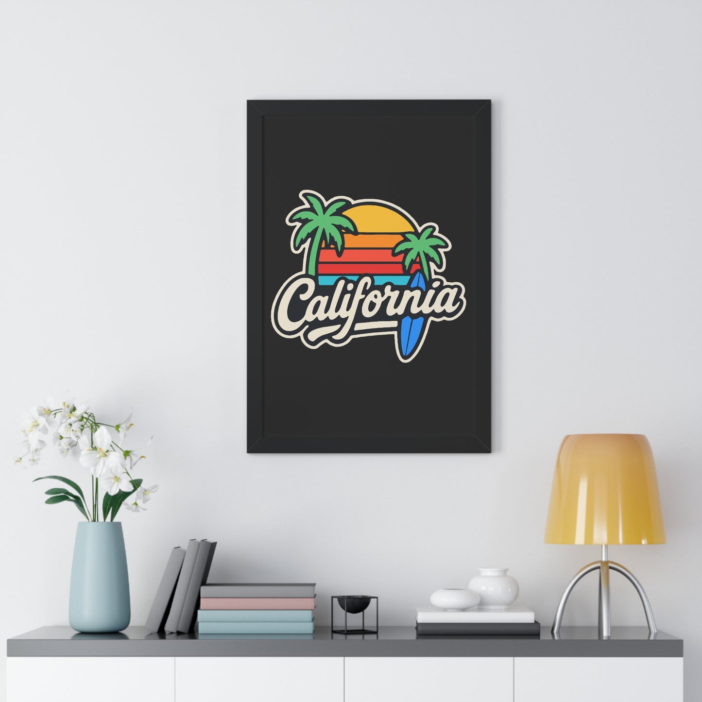 California Sunset Framed Poster, Beach Wall Art, Home Decor, Tropical Vibes, Gift for Surf Lovers