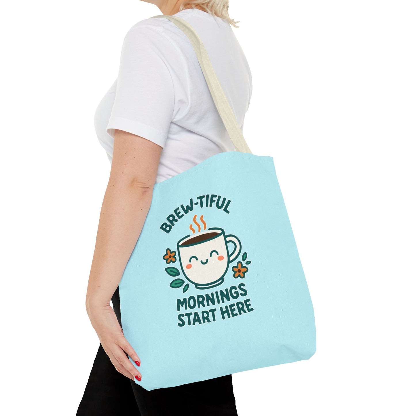 Brew-tiful Mornings Tote Bag, Cute Coffee Lover Gift, Reusable Grocery Bag, Spring Picnic Essentials, Motivational Quote Tote