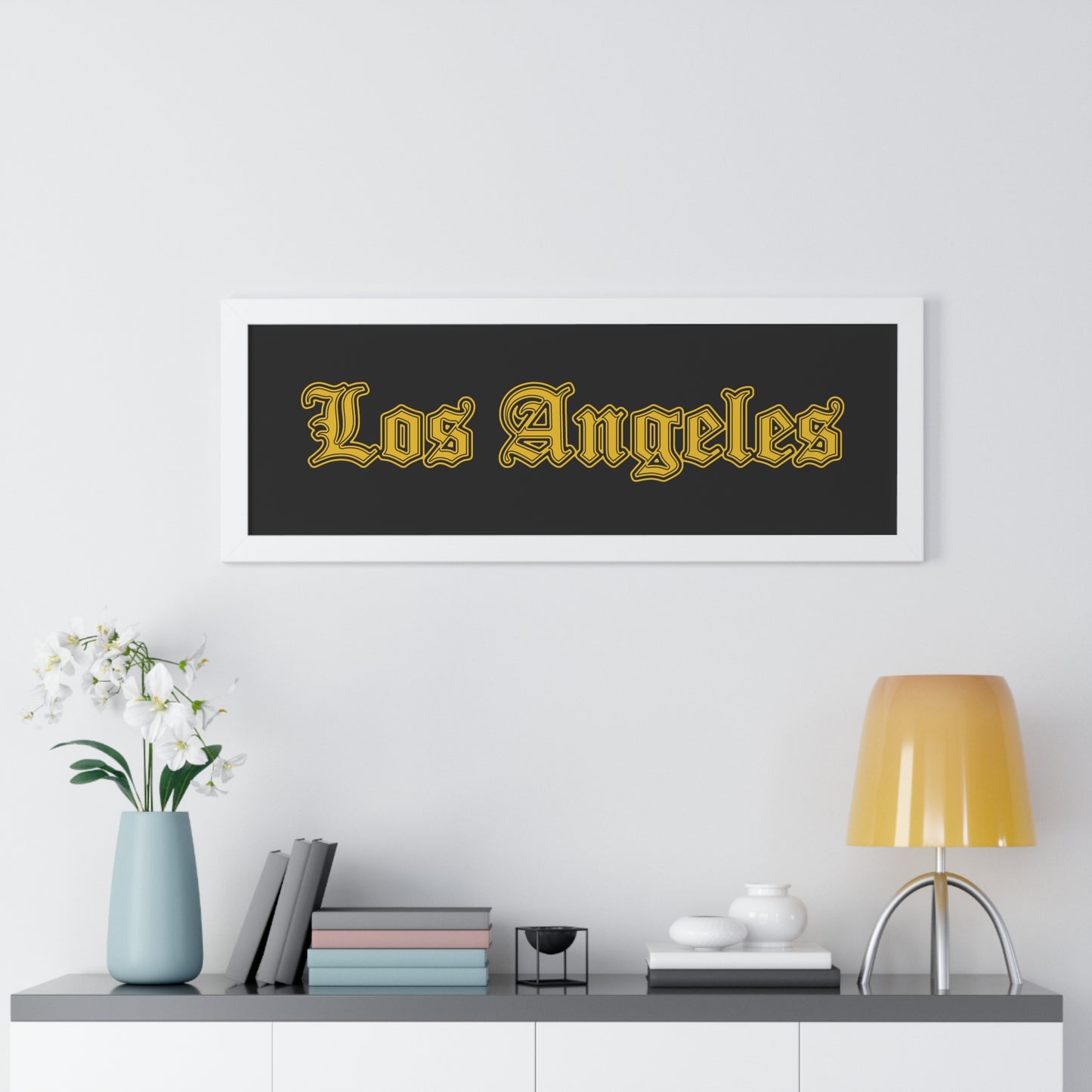Los Angeles Framed Poster, Urban Wall Art for Home Decor, Cityscape Gift, Interior Design Accent, Modern Typography Decor - Golden Edition