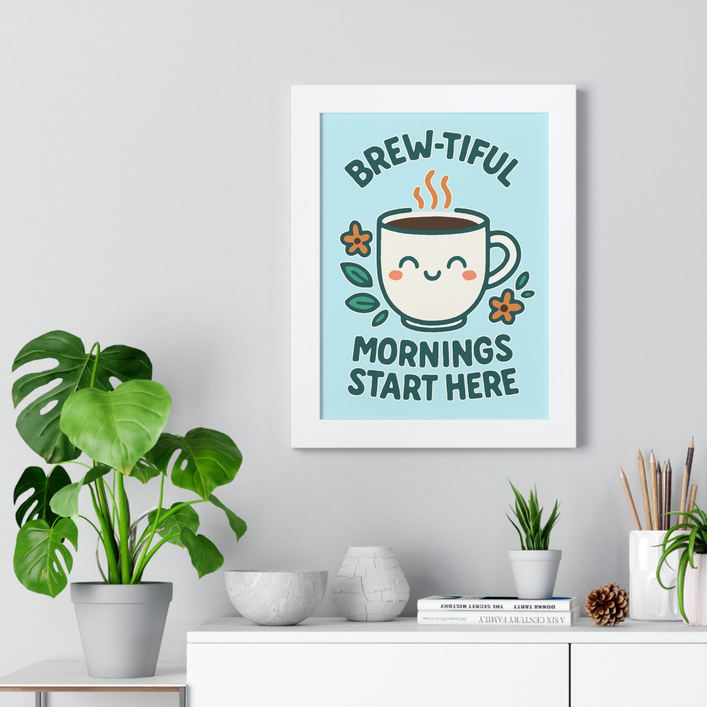 Cute Coffee Wall Art, Brew-tiful Mornings Poster, Kitchen Decor, Gift for Coffee Lovers, Floral Artwork, Home Office Print