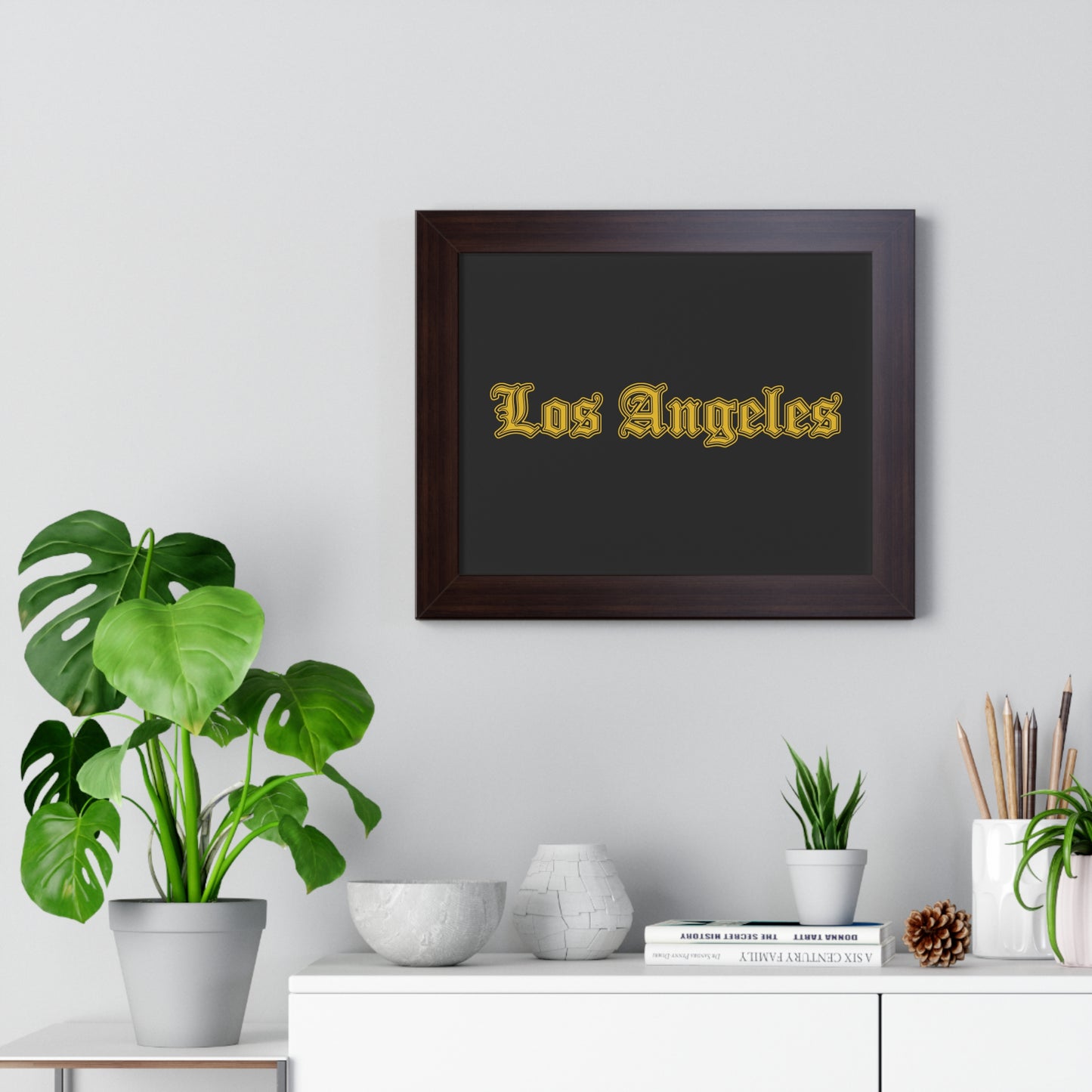 Los Angeles Framed Poster, Urban Wall Art for Home Decor, Cityscape Gift, Interior Design Accent, Modern Typography Decor - Golden Edition