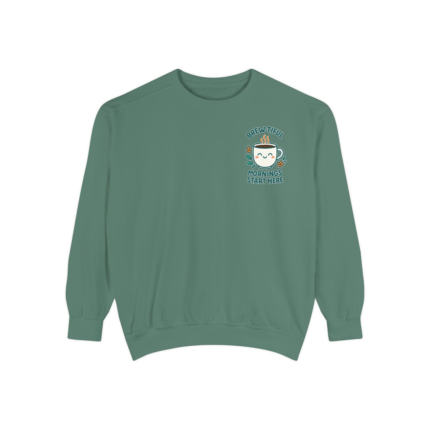Cozy Coffee Sweatshirt, Brew-tiful Mornings Start Here, Unisex Pullover, Gift for Coffee Lovers, Casual Wear, Relaxed Style