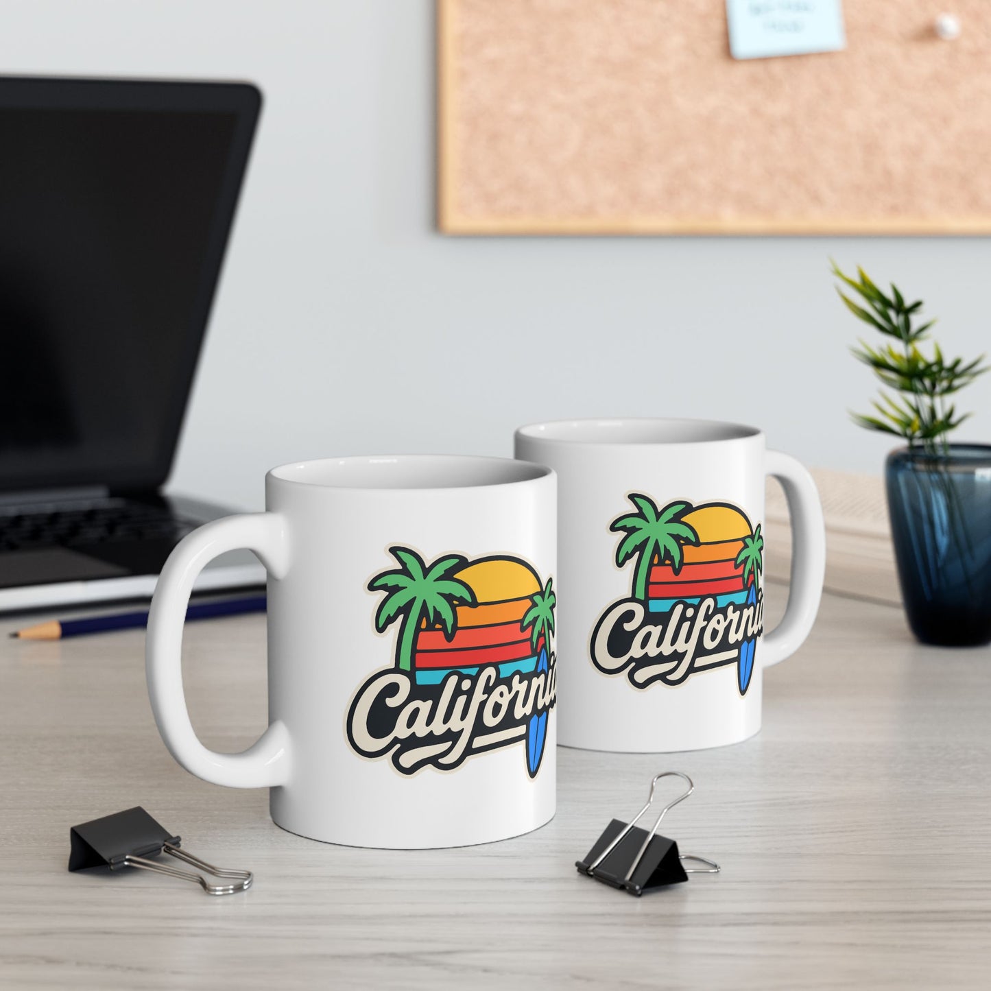 California Sunset Ceramic Mug, Tropical Beach Coffee Cup, Gift for Surf Lovers, Palm Tree Decor, Vacation Vibes