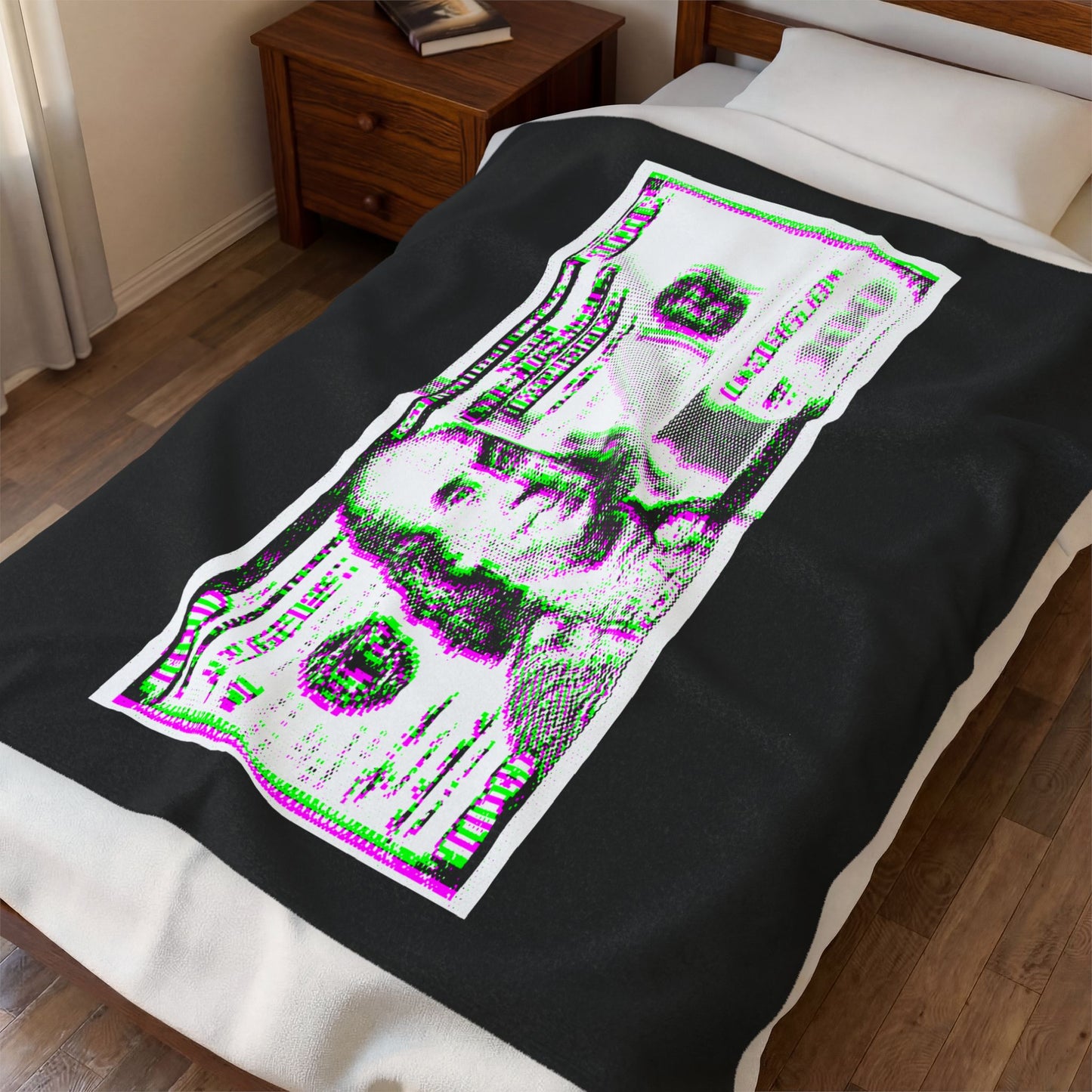 100 Dollars Bill - Green/Magenta Glitch - Plush Blanket
