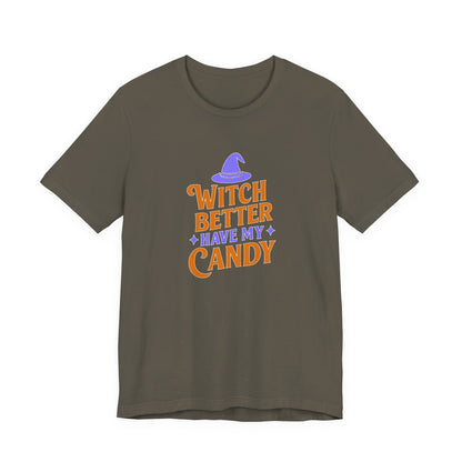 Halloween Witch Candy Tee, Funny Halloween Shirt, Unisex Halloween T-Shirt, Casual Fall Apparel, Trick or Treat Outfit